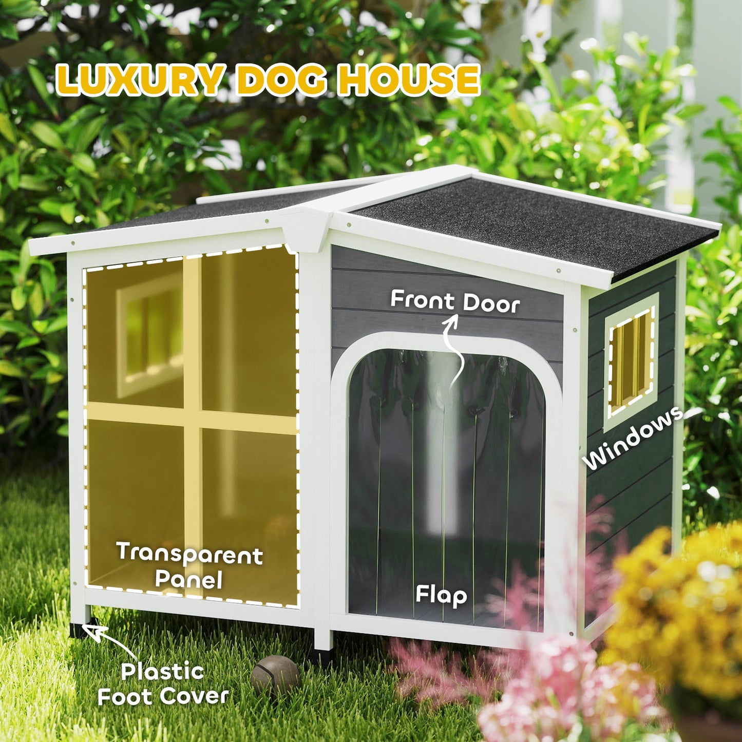 Wooden Dog House Outdoor with Removable Bottom, Cabin Style Raised Pet Kennel, with Openable Asphalt Roof, Door Curtain, Side Windows for Large Sized Dog, Dark Grey