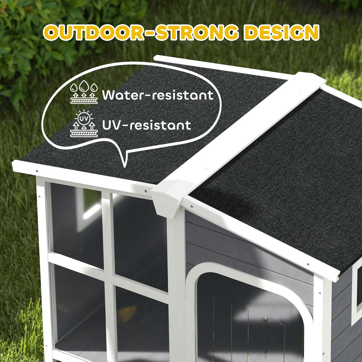 Wooden Dog House Outdoor with Removable Bottom, Cabin Style Raised Pet Kennel, with Openable Asphalt Roof, Door Curtain, Side Windows for Large Sized Dog, Dark Grey