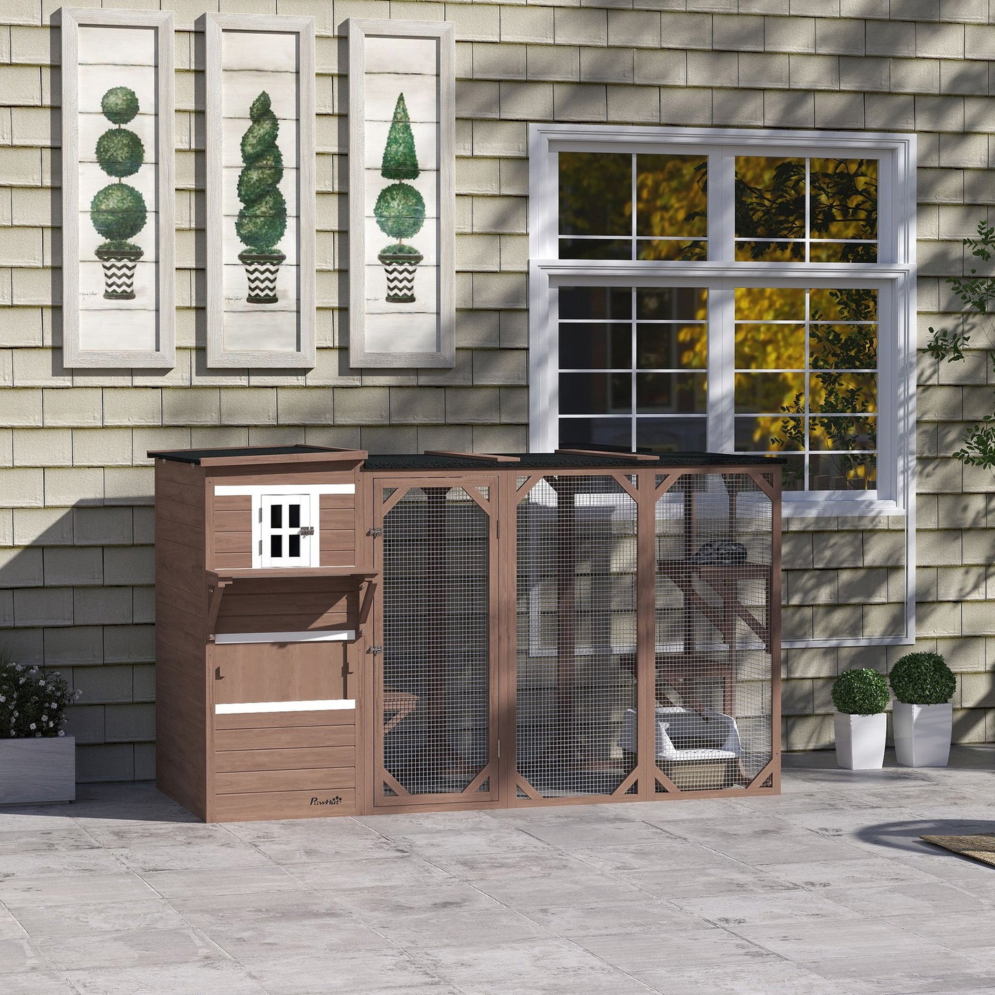 Wooden Cat Catio, 76"L Walk in Outdoor Cat House with Asphalt Roof, Platforms, Lockable Doors, 3-tier Resting Condo, Observation Window, for 2-3 Cats, Brown