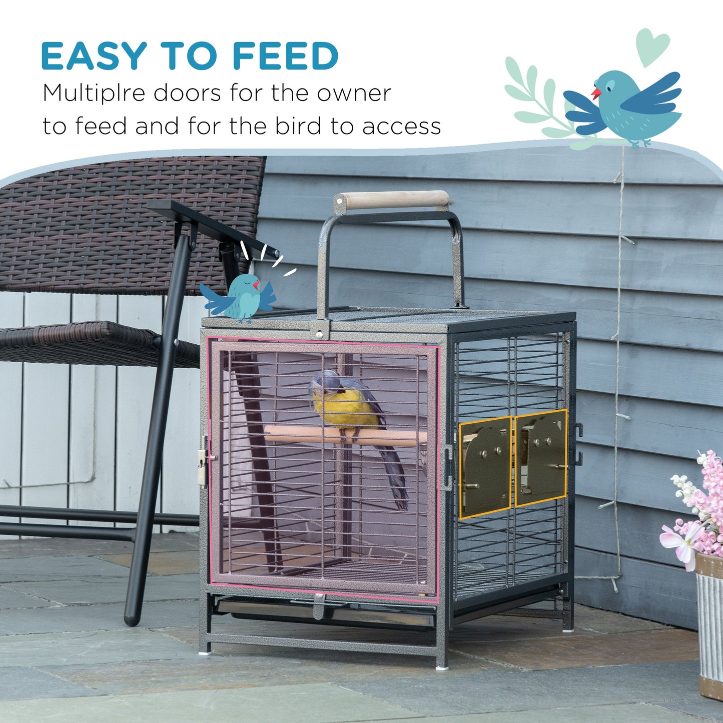 Bird Travel Carrier Cage for Parrots Conures African Grey Cockatiel Parakeets with Stand Perch, Stainless Steel Bowls, Pull Out Tray, Black