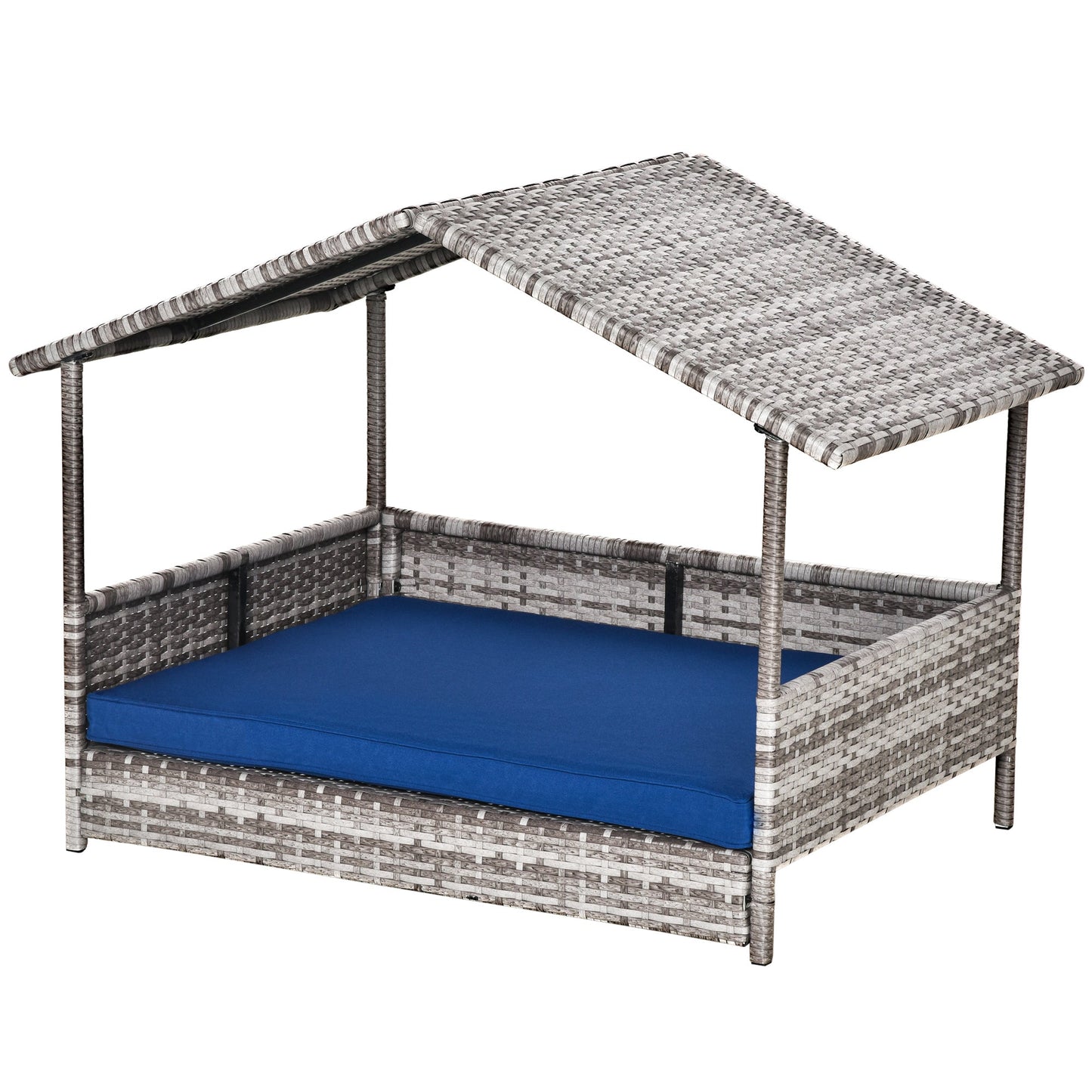 Elevated Rattan Dog House Outdoor with Canopy, Wicker Dog Bed with Water-Resistant Cushion, for Small and Medium Dogs Dark Blue
