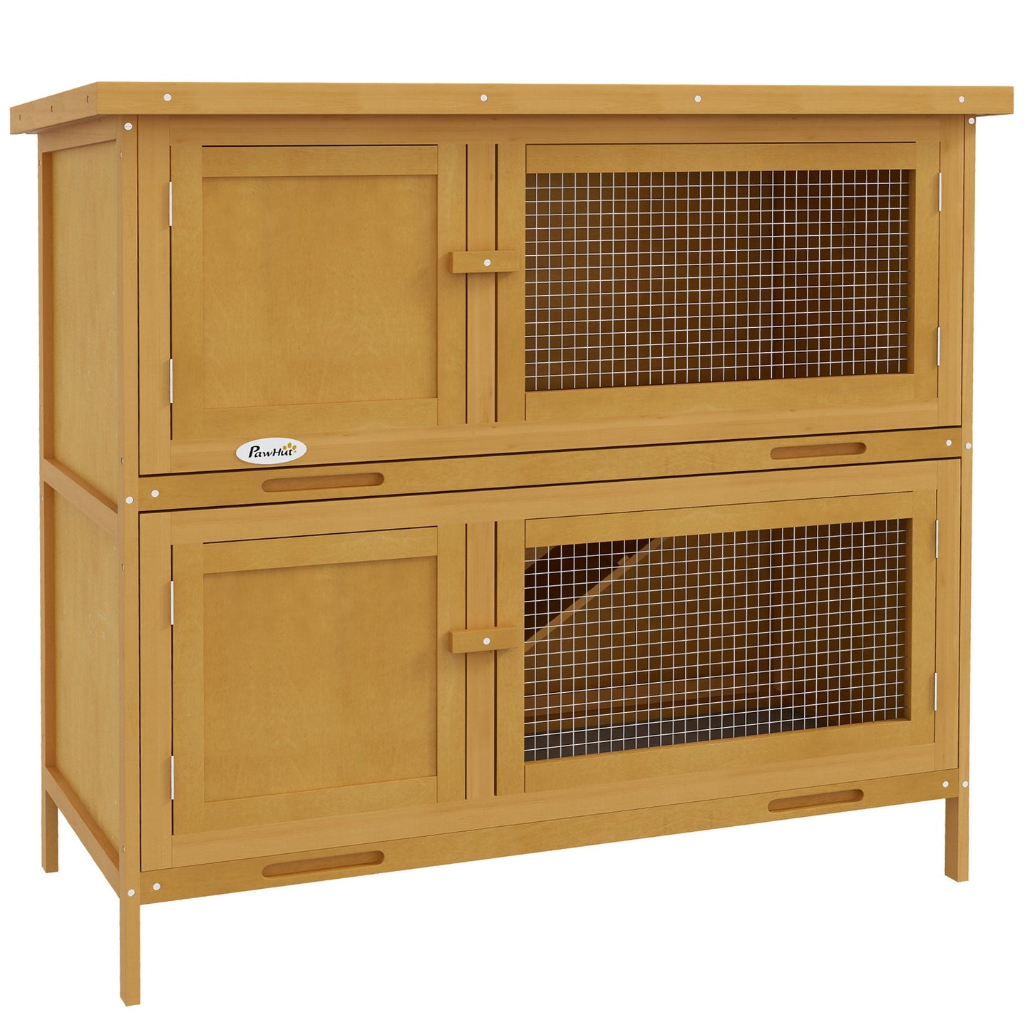Rabbit Hutch, Wooden 2 Tier Bunny Guinea Pig Cage with Openable Top, Slide-out Tray, Ramp, Asphalt Roof, for 2 Rabbits Outdoor Backyard Use, Yellow