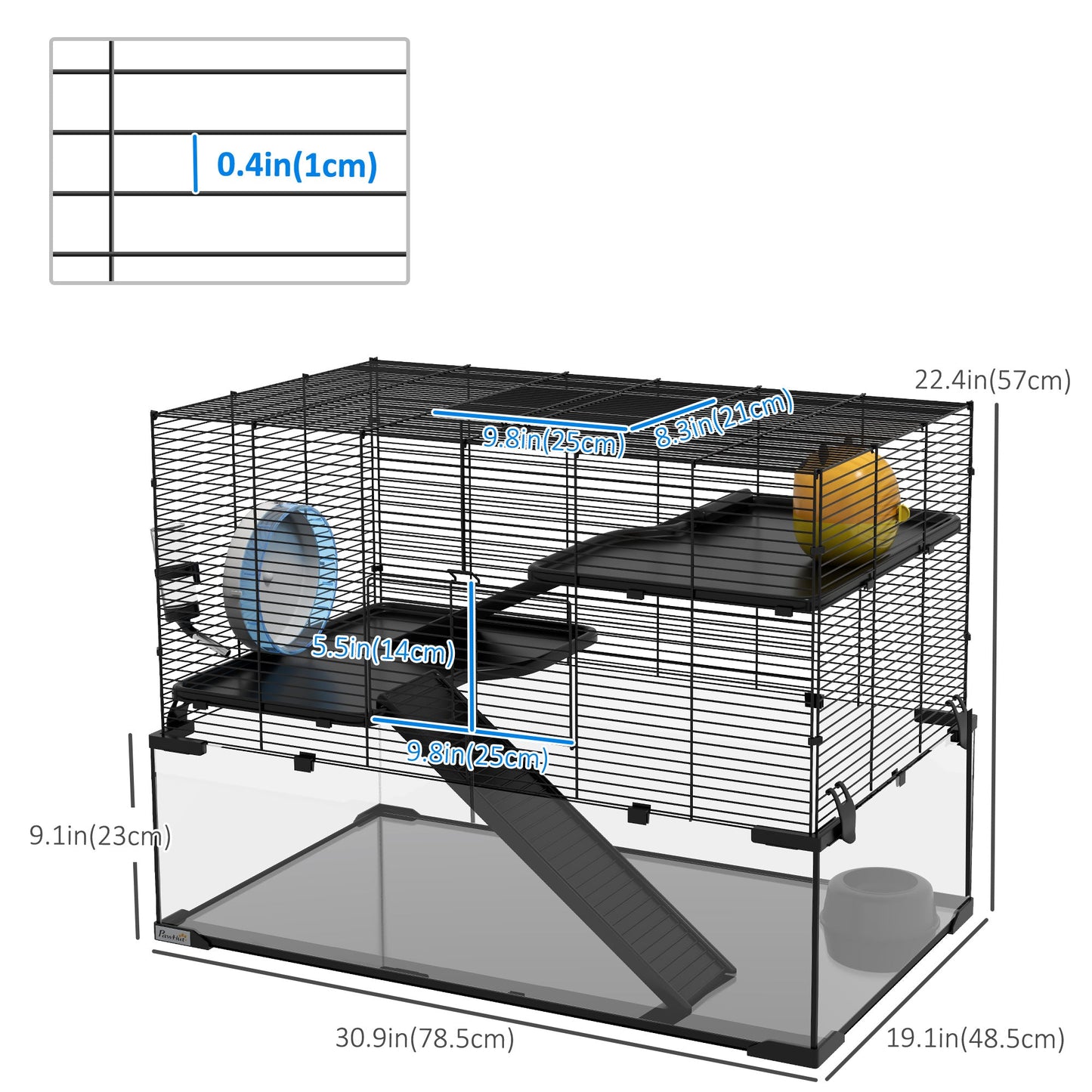 Hamster Cage, Gerbil Cage with Glass Basin, Ramps, Platforms, Hut, Exercise Wheel, Water Bottle, Dish, for Syrian and Dwarf Hamsters, 31" x 19" x 21.5"
