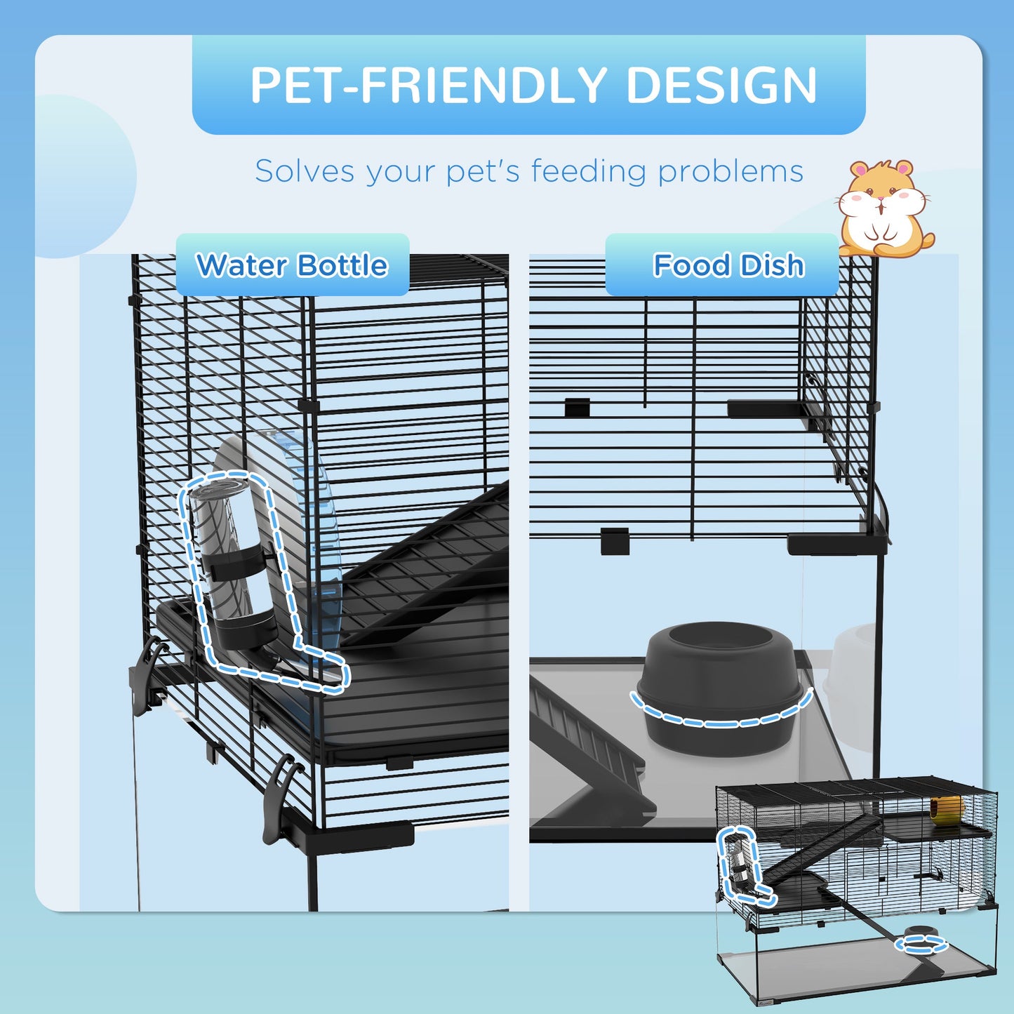 Hamster Cage, Gerbil Cage with Glass Basin, Ramps, Platforms, Hut, Exercise Wheel, Water Bottle, Dish, for Syrian and Dwarf Hamsters, 31" x 19" x 21.5"