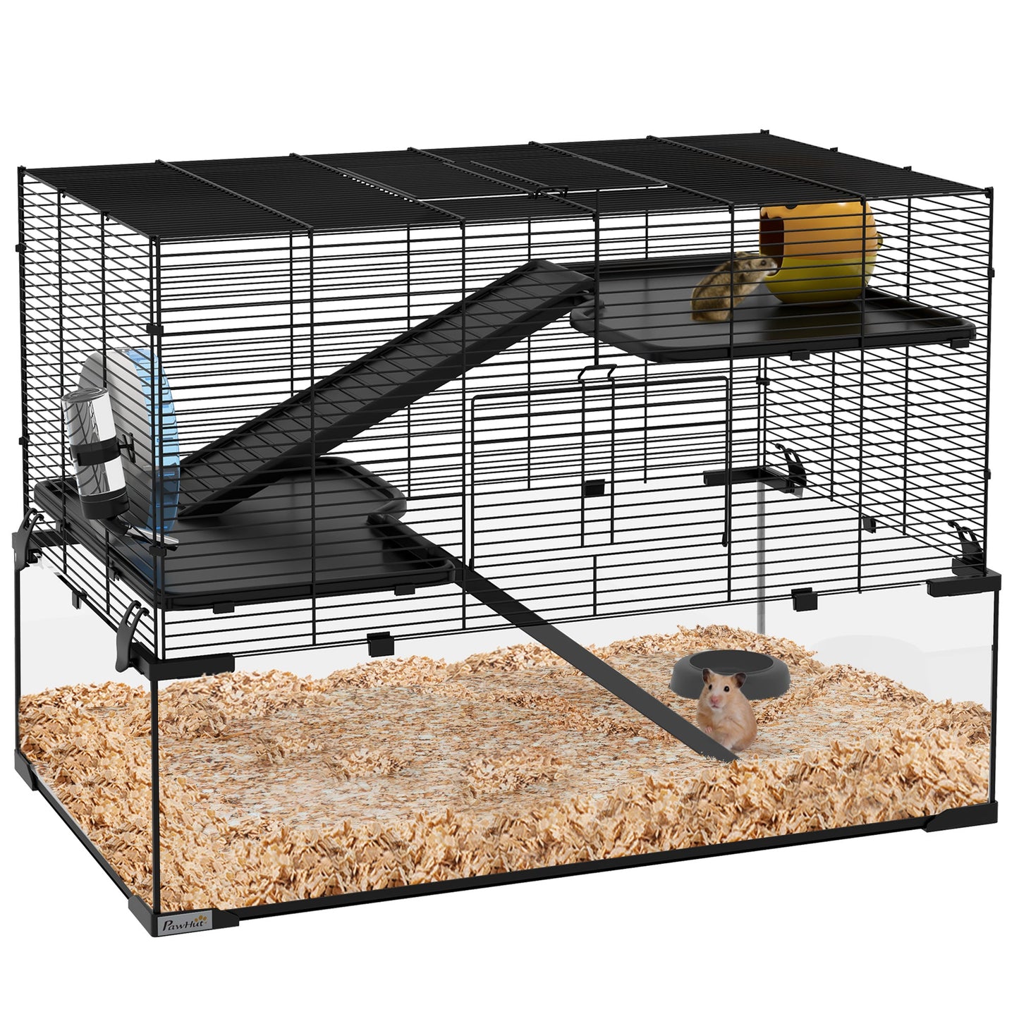 Hamster Cage, Gerbil Cage with Glass Basin, Ramps, Platforms, Hut, Exercise Wheel, Water Bottle, Dish, for Syrian and Dwarf Hamsters, 31" x 19" x 21.5"