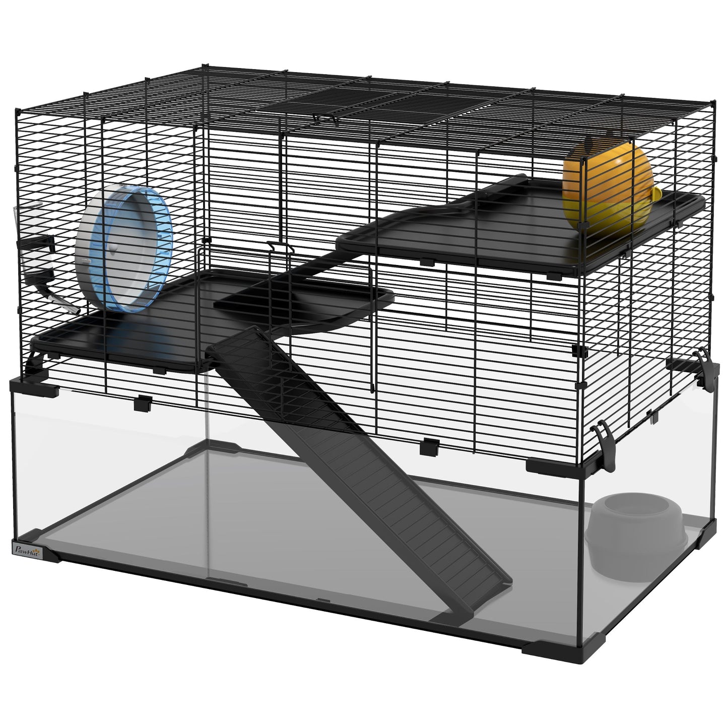 Hamster Cage, Gerbil Cage with Glass Basin, Ramps, Platforms, Hut, Exercise Wheel, Water Bottle, Dish, for Syrian and Dwarf Hamsters, 31" x 19" x 21.5"