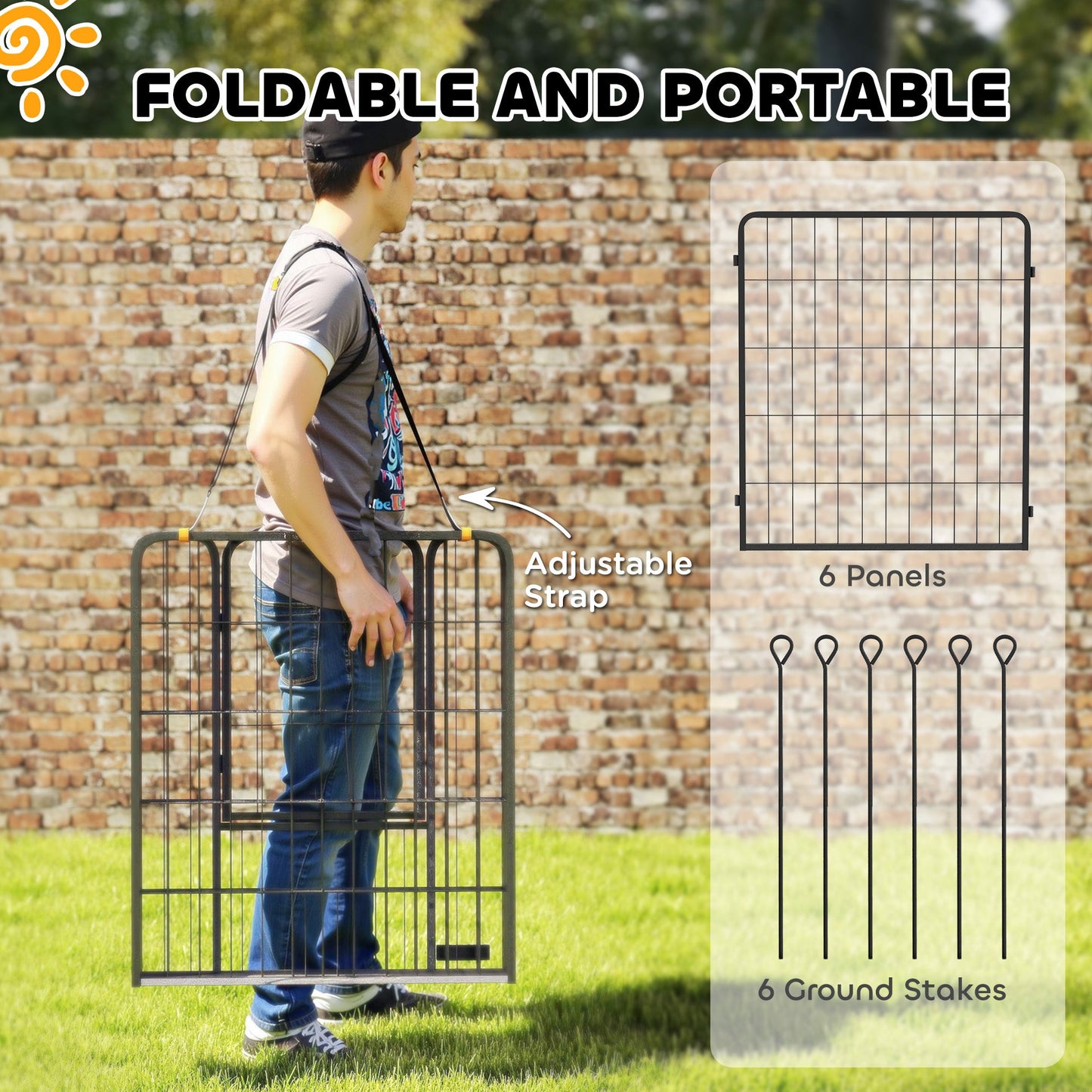 6 Panels Dog Playpen, 27"W x 31.5"H Heavy Duty Pet Fence with Door & Strap for Indoor Outdoor Backyard Garden, Portable & Foldable Puppy Pet Pen for Medium Dogs