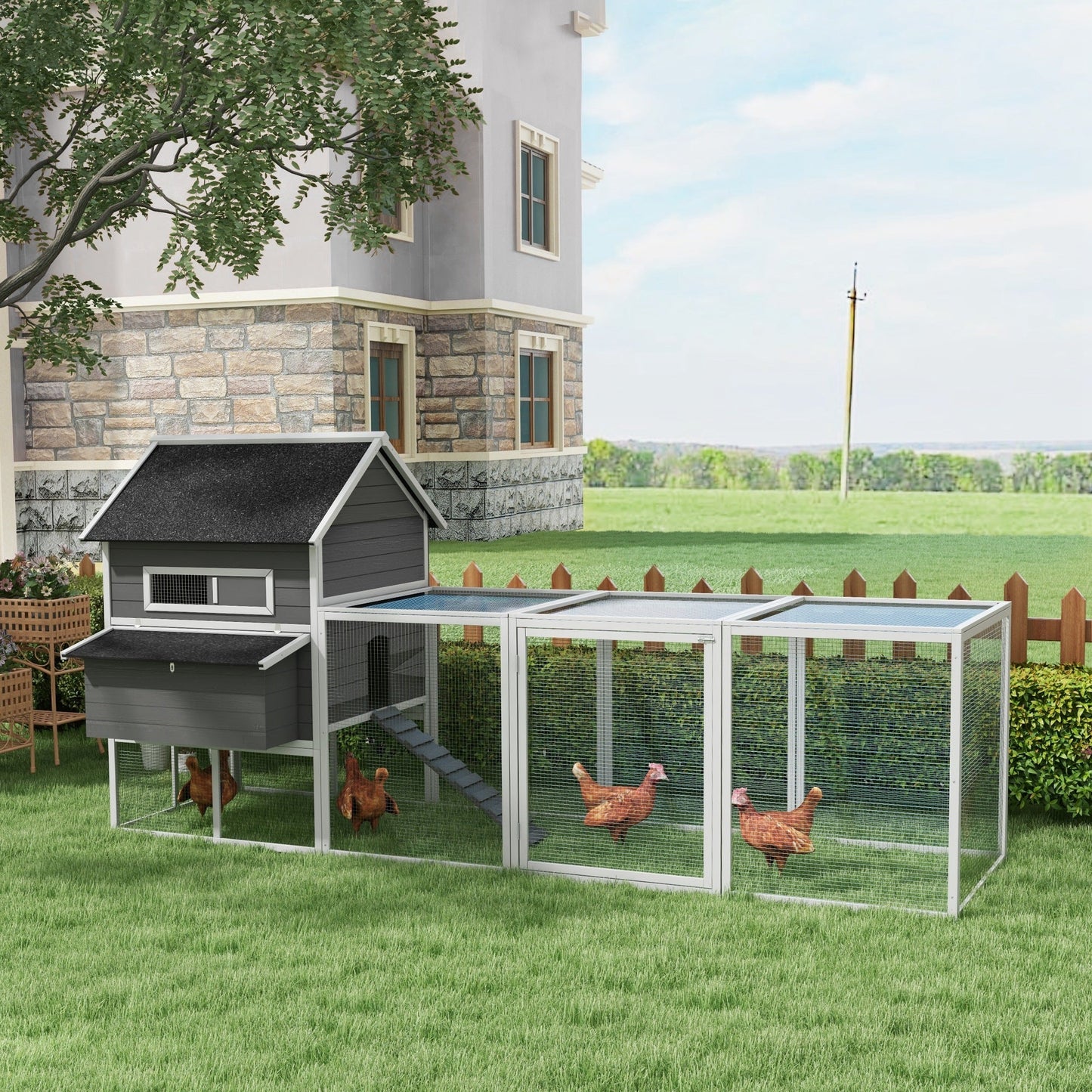 137" Chicken Coop, Wooden Large Hen House with Chicken Run, Nesting Box, Poultry Cage for Outdoor, Backyard, Grey