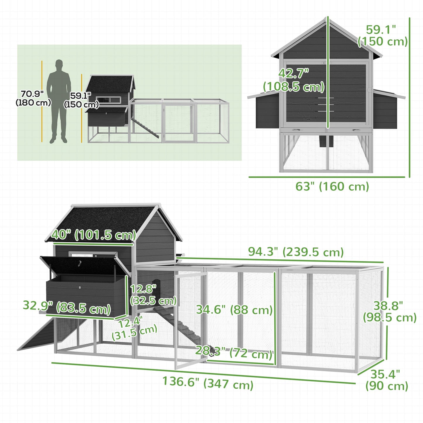 137" Chicken Coop, Wooden Large Hen House with Chicken Run, Nesting Box, Poultry Cage for Outdoor, Backyard, Grey