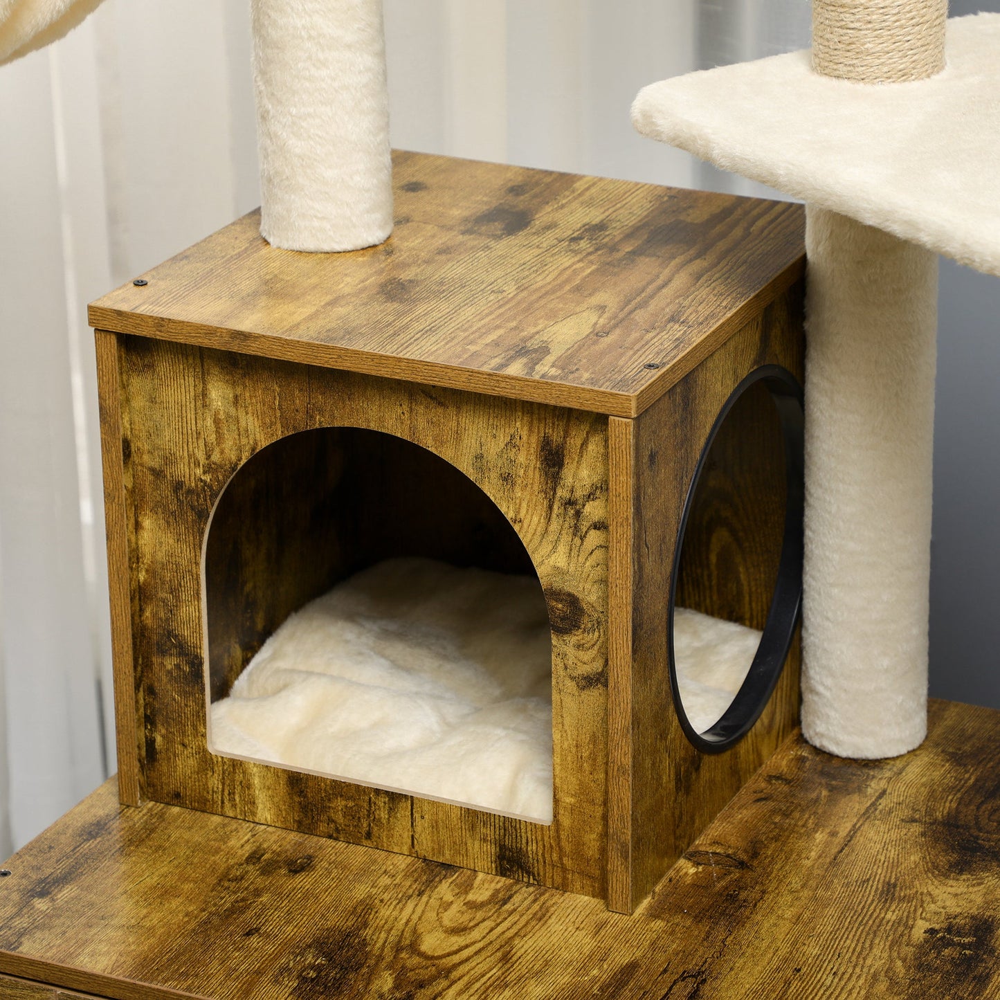 Litter Box Enclosure with Cat Tree Tower, Hidden Cat Washroom Furniture with Condo, Scratching Posts, Large Platform, Hammock and Soft Cushion, Rustic Brown