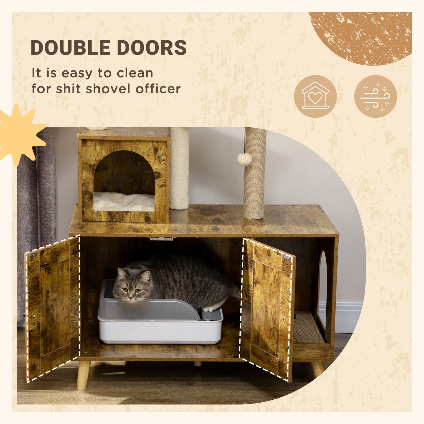 Litter Box Enclosure with Cat Tree Tower, Hidden Cat Washroom Furniture with Condo, Scratching Posts, Large Platform, Hammock and Soft Cushion, Rustic Brown