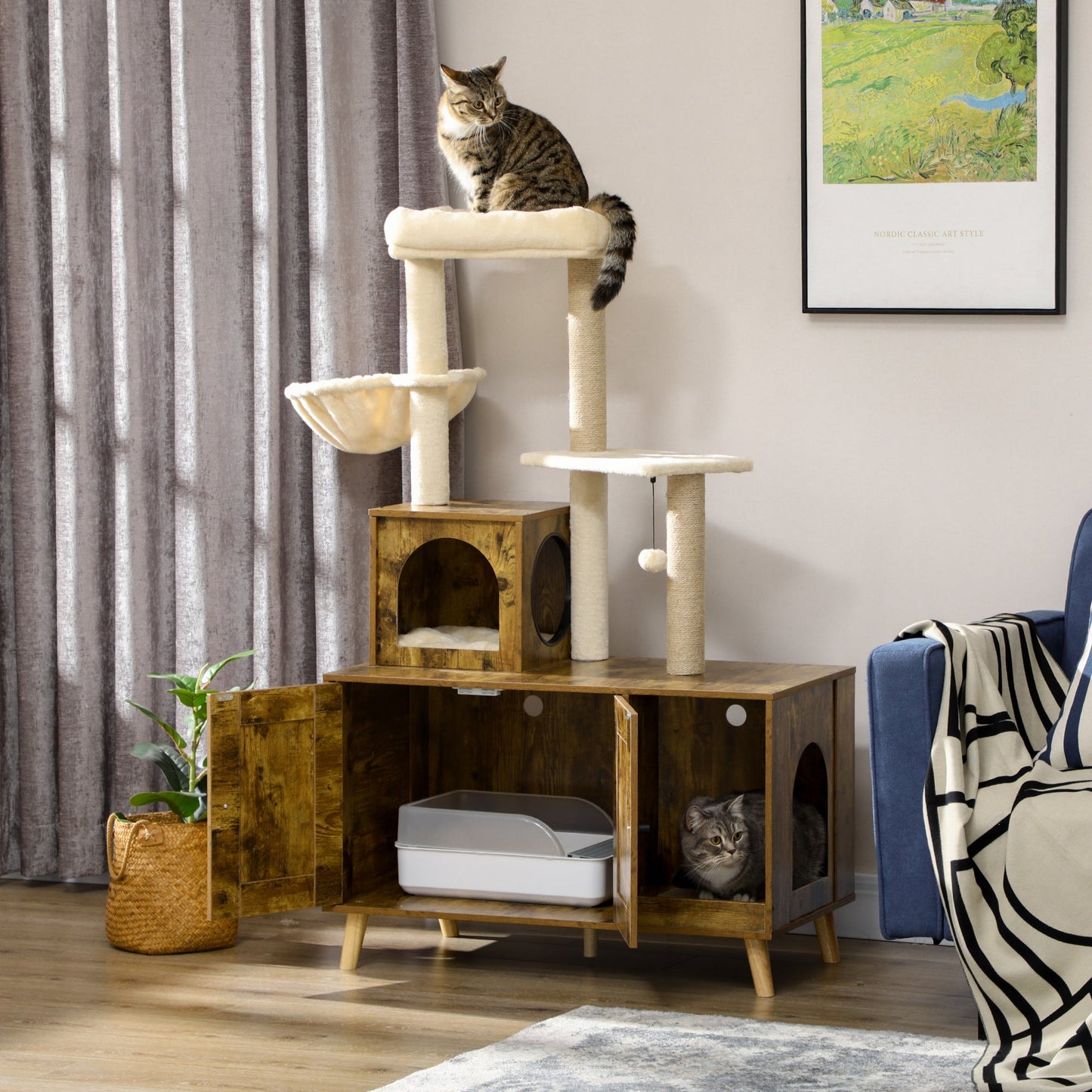 Litter Box Enclosure with Cat Tree Tower, Hidden Cat Washroom Furniture with Condo, Scratching Posts, Large Platform, Hammock and Soft Cushion, Rustic Brown