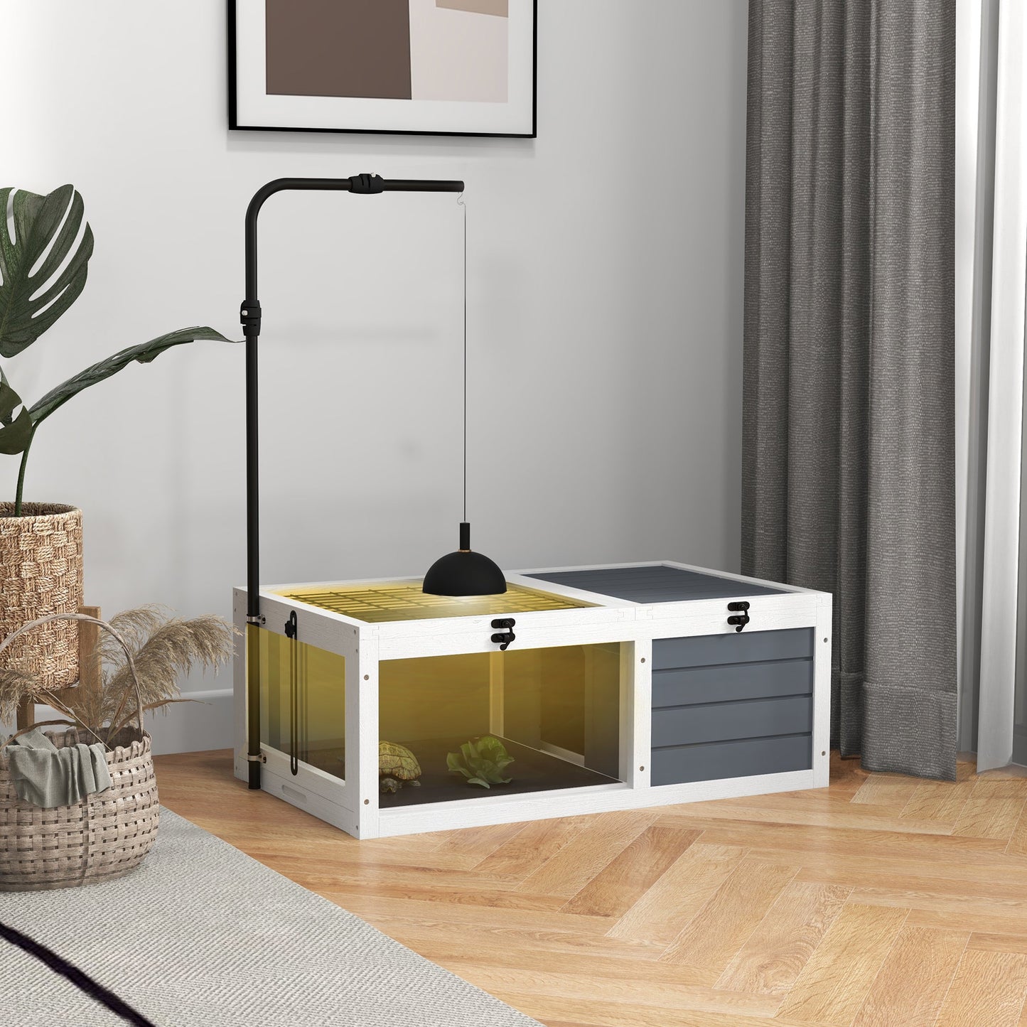 Tortoise House Wooden Tortoise Enclosure Indoor Outdoor Turtle Habitat with Adjustable Lamp Holder, Openable Lids, Pull-out Trays, 32" L x 19" W x 12" H, Grey