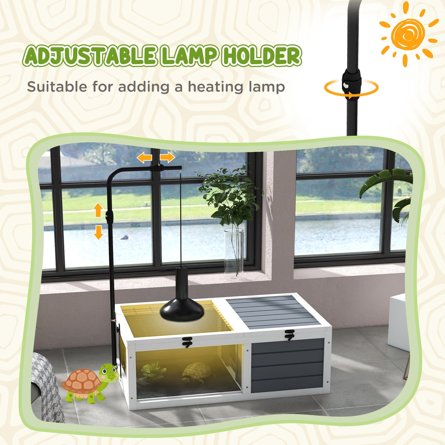 Tortoise House Wooden Tortoise Enclosure Indoor Outdoor Turtle Habitat with Adjustable Lamp Holder, Openable Lids, Pull-out Trays, 32" L x 19" W x 12" H, Grey
