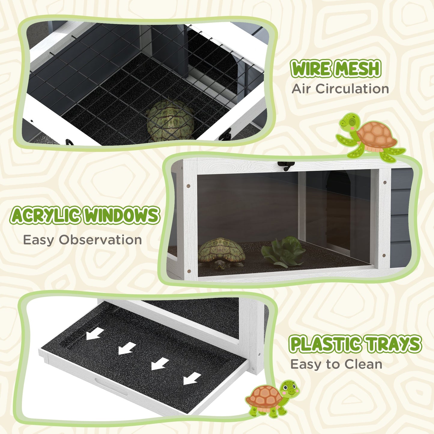 Tortoise House Wooden Tortoise Enclosure Indoor Outdoor Turtle Habitat with Adjustable Lamp Holder, Openable Lids, Pull-out Trays, 32" L x 19" W x 12" H, Grey
