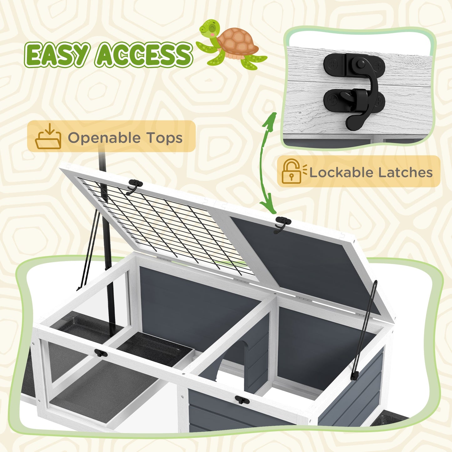 Tortoise House Wooden Tortoise Enclosure Indoor Outdoor Turtle Habitat with Adjustable Lamp Holder, Openable Lids, Pull-out Trays, 32" L x 19" W x 12" H, Grey