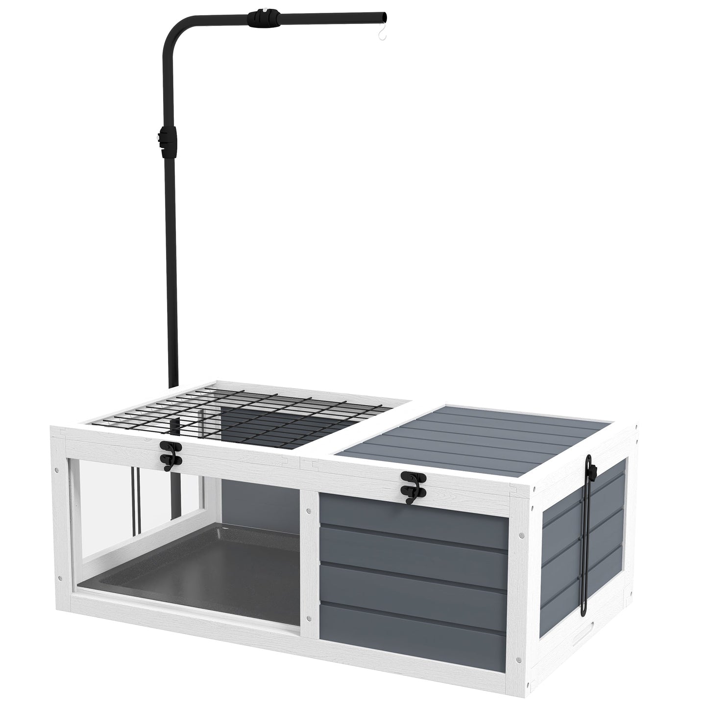 Tortoise House Wooden Tortoise Enclosure Indoor Outdoor Turtle Habitat with Adjustable Lamp Holder, Openable Lids, Pull-out Trays, 32" L x 19" W x 12" H, Grey