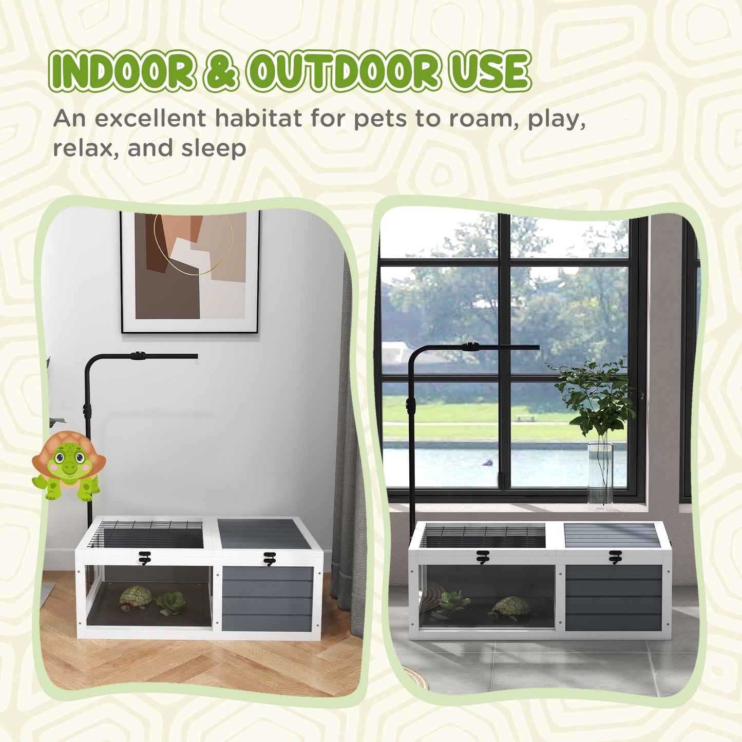 Tortoise House Wooden Tortoise Enclosure Indoor Outdoor Turtle Habitat with Adjustable Lamp Holder, Openable Lids, Pull-out Trays, 32" L x 19" W x 12" H, Grey