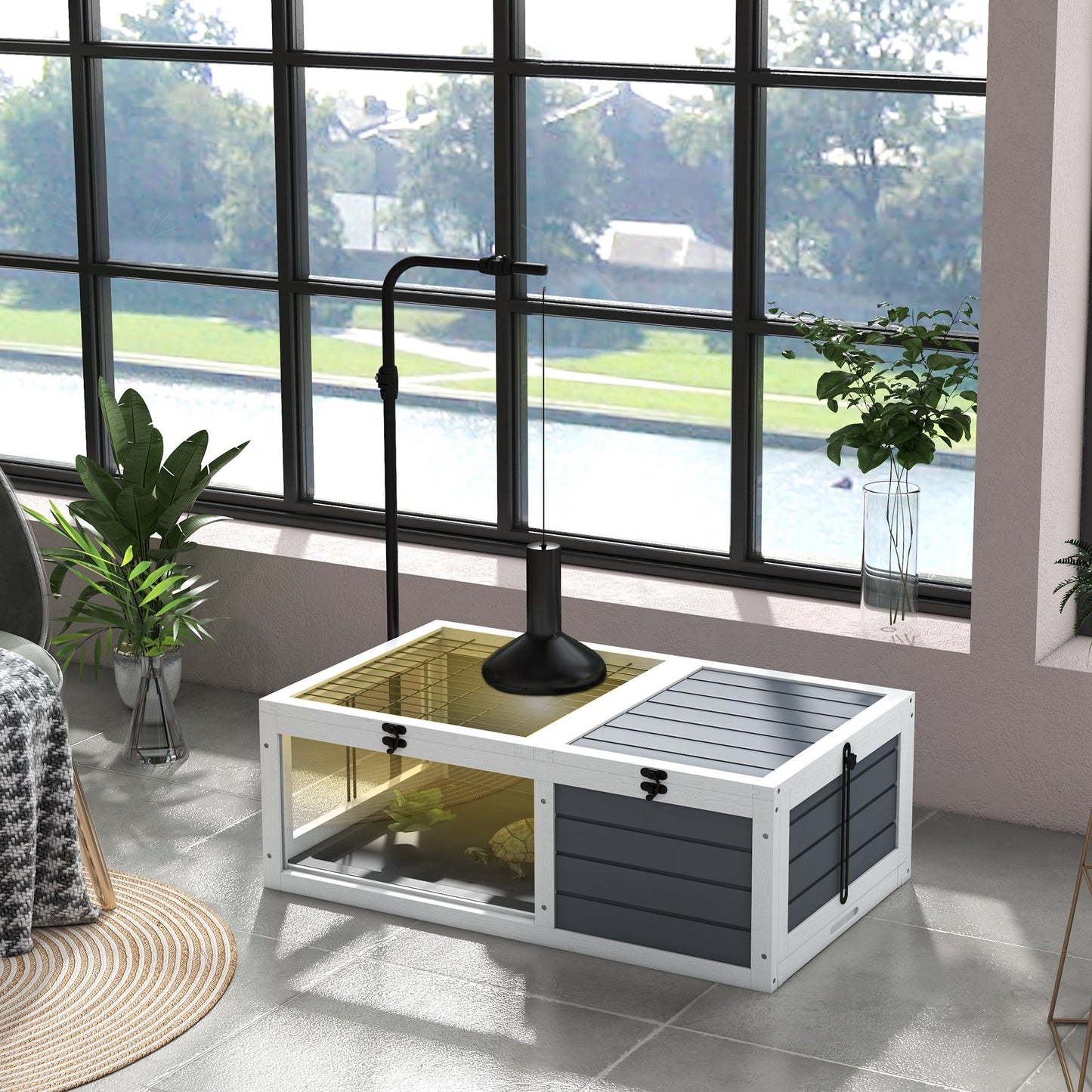 Tortoise House Wooden Tortoise Enclosure Indoor Outdoor Turtle Habitat with Adjustable Lamp Holder, Openable Lids, Pull-out Trays, 32" L x 19" W x 12" H, Grey