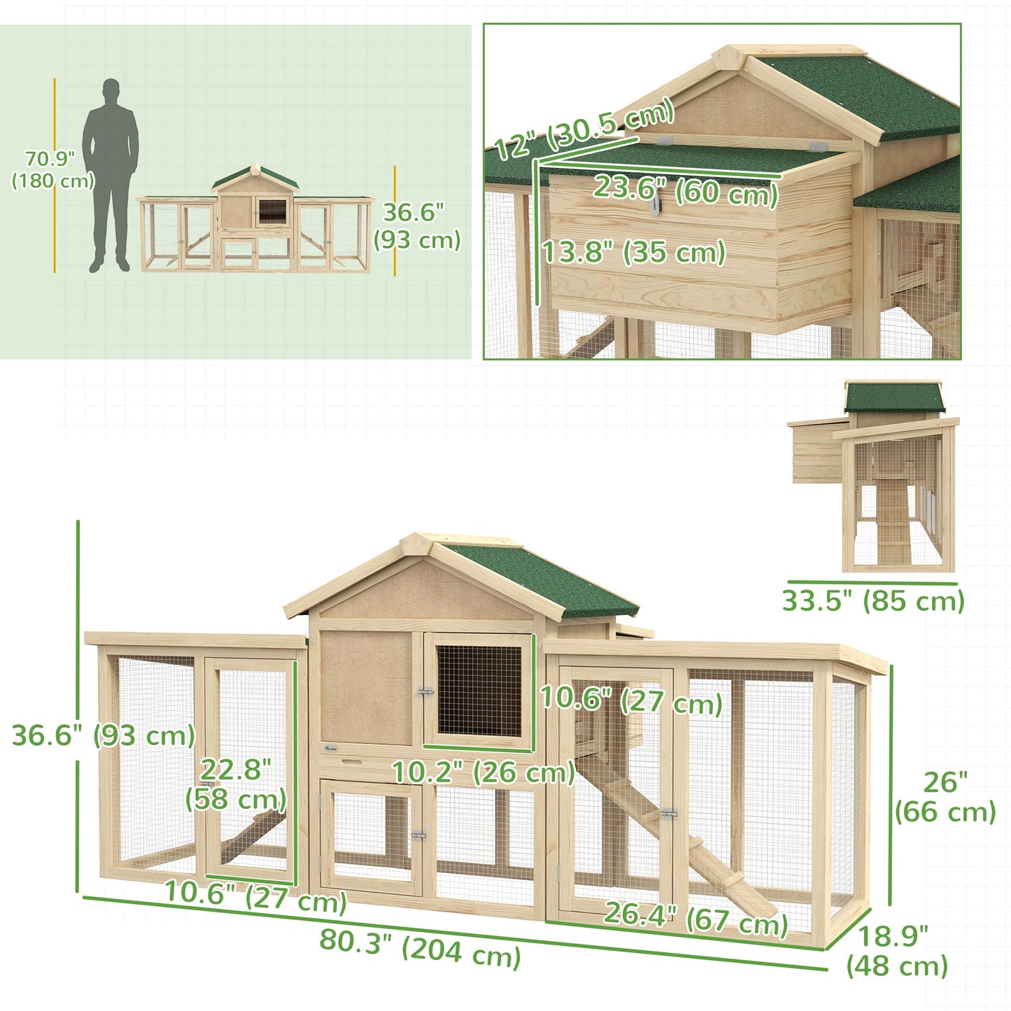 80" Chicken Coop, Wooden Hen House Large Rabbit Hutch Poultry Cage Pen with Nesting Box, Run, Ramp, Drawer, for Outdoor Backyard Garden