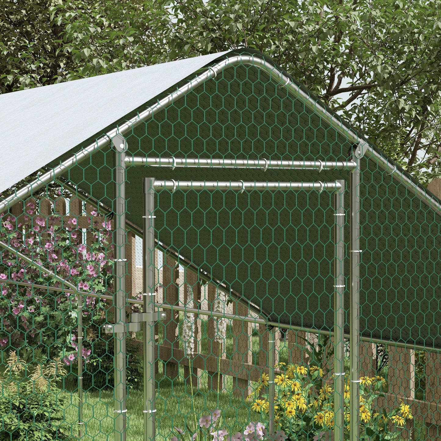 Metal Chicken Coop, Walk-in Large Chicken Run, Poultry Cage for Backyard Hen, Duck, Rabbit with Water- and UV-Protection Cover, for 30-40 Chickens, 9.8' x 32.8' x 6.4'