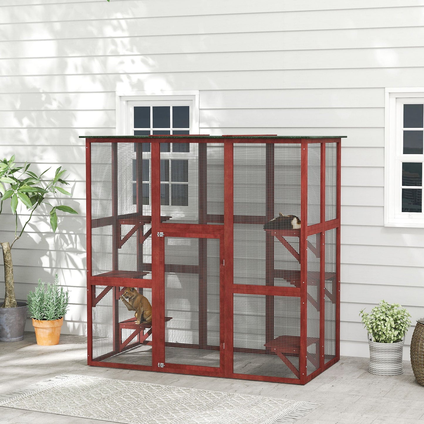 Large Outdoor Catio Enclosure, Weatherproof Cat House with Asphalt Roof, Wooden Cat Patio Cage with 6 Balanced Platforms, 71" x 39" x 71", Wine Red