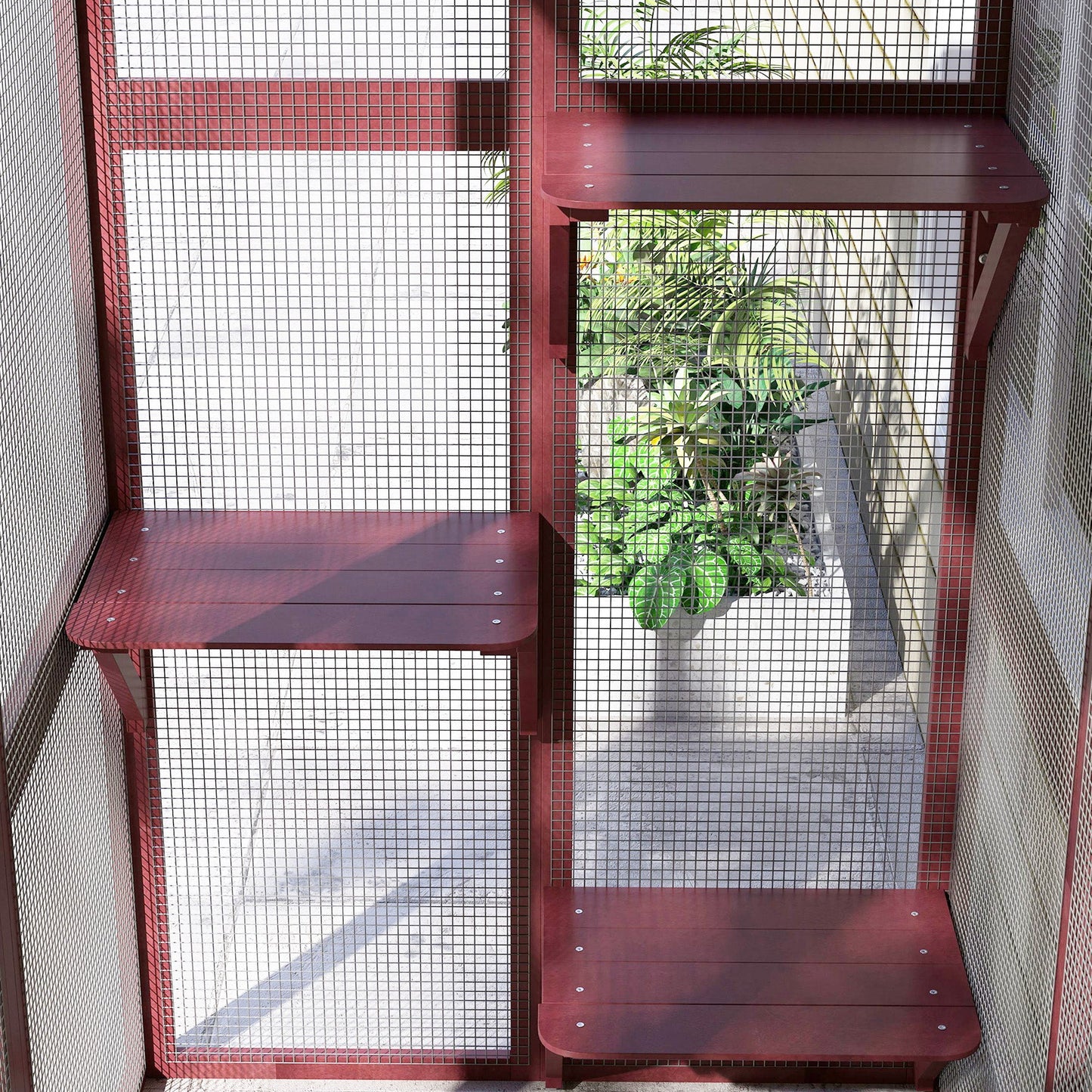 Large Outdoor Catio Enclosure, Weatherproof Cat House with Asphalt Roof, Wooden Cat Patio Cage with 6 Balanced Platforms, 71" x 39" x 71", Wine Red