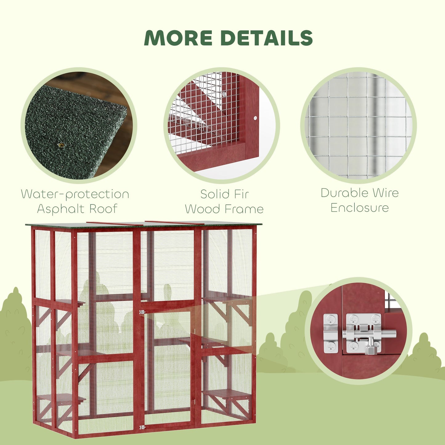 Large Outdoor Catio Enclosure, Weatherproof Cat House with Asphalt Roof, Wooden Cat Patio Cage with 6 Balanced Platforms, 71" x 39" x 71", Wine Red