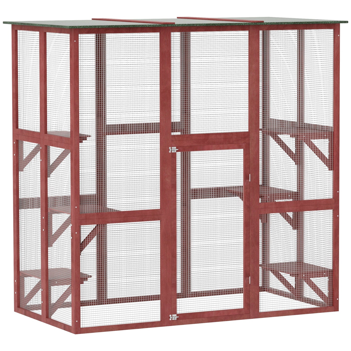 Large Outdoor Catio Enclosure, Weatherproof Cat House with Asphalt Roof, Wooden Cat Patio Cage with 6 Balanced Platforms, 71" x 39" x 71", Wine Red