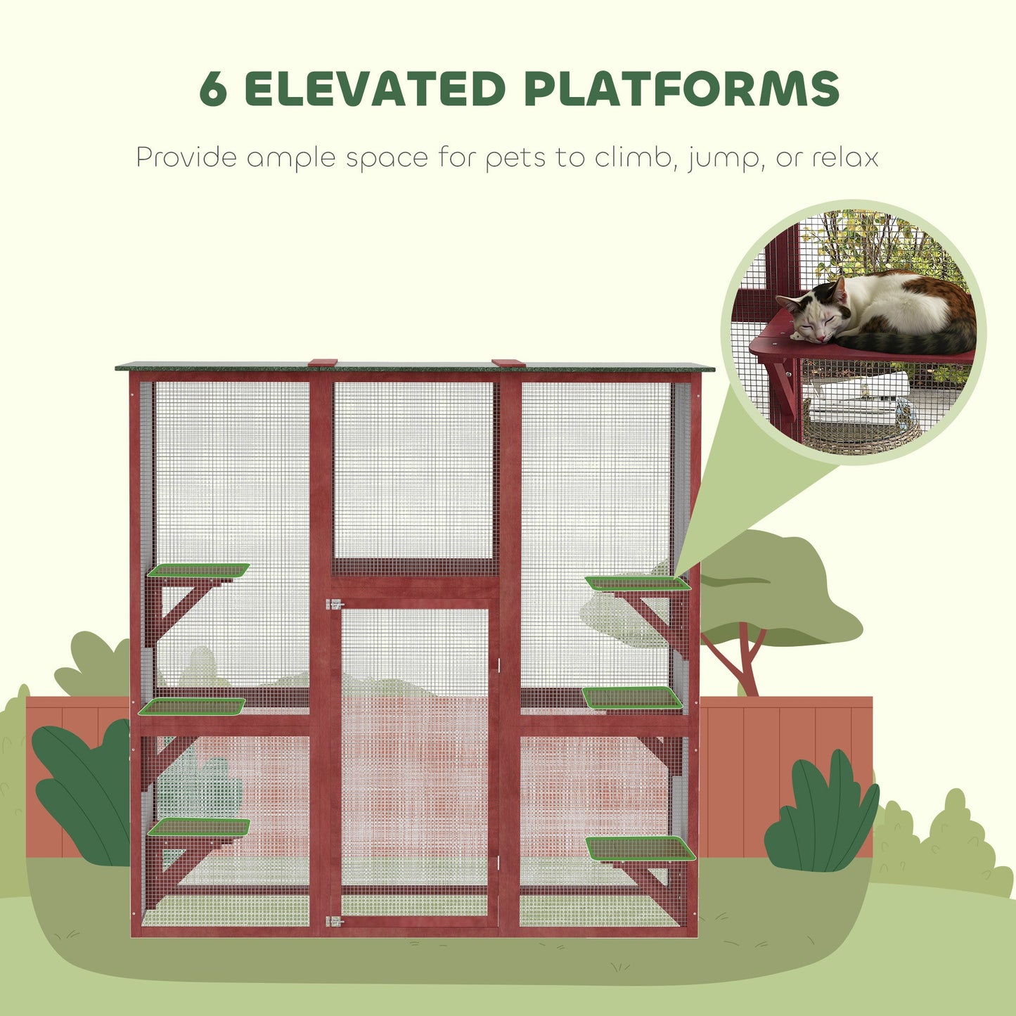Large Outdoor Catio Enclosure, Weatherproof Cat House with Asphalt Roof, Wooden Cat Patio Cage with 6 Balanced Platforms, 71" x 39" x 71", Wine Red