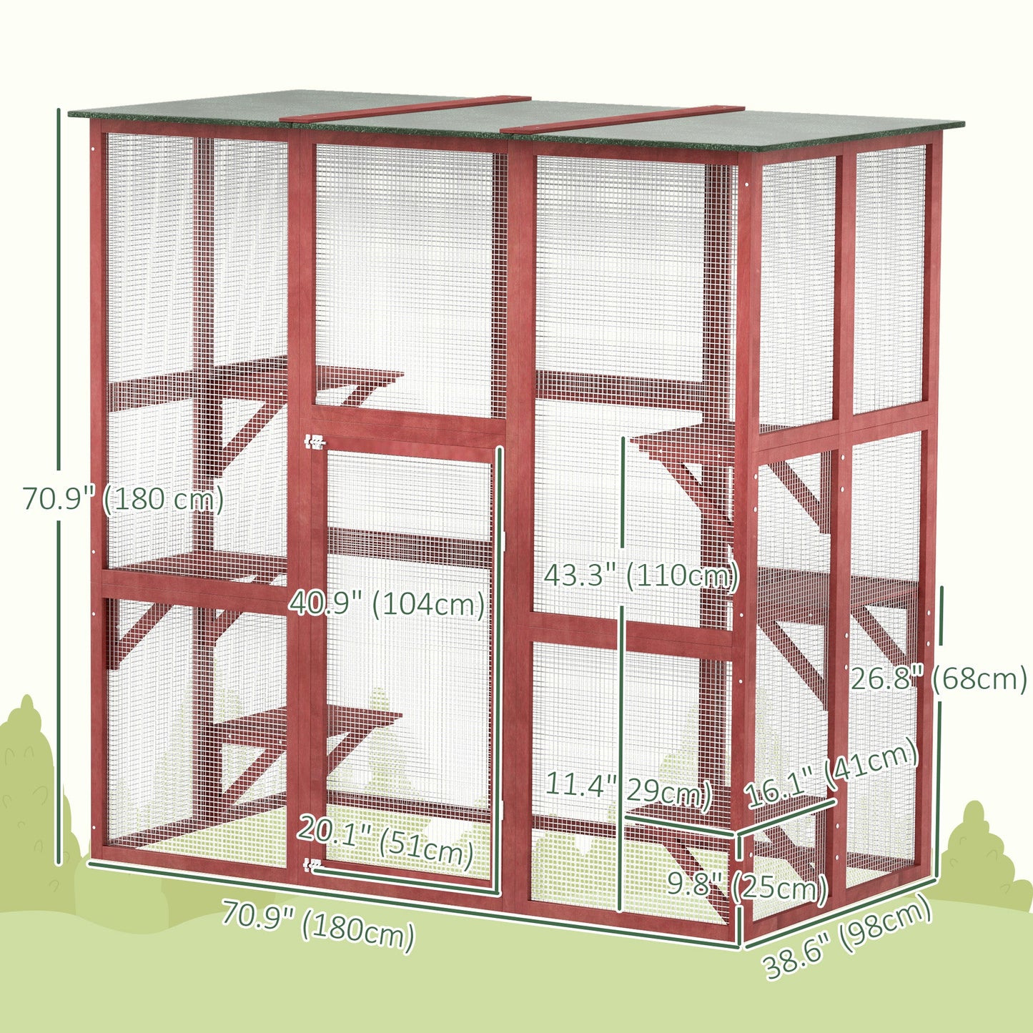 Large Outdoor Catio Enclosure, Weatherproof Cat House with Asphalt Roof, Wooden Cat Patio Cage with 6 Balanced Platforms, 71" x 39" x 71", Wine Red
