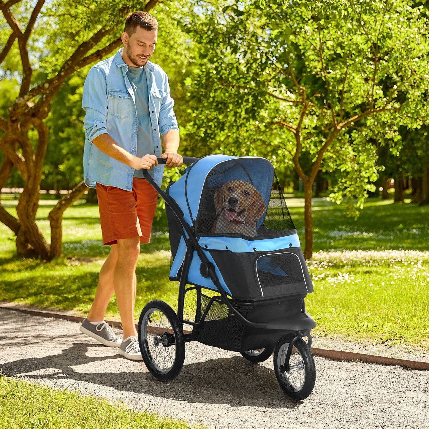 Pet Stroller for Small and Medium Dogs, 3 Big Wheels Cat Stroller Travel Folding Carrier with Adjustable Canopy, Safety Tether, Storage Basket, Blue