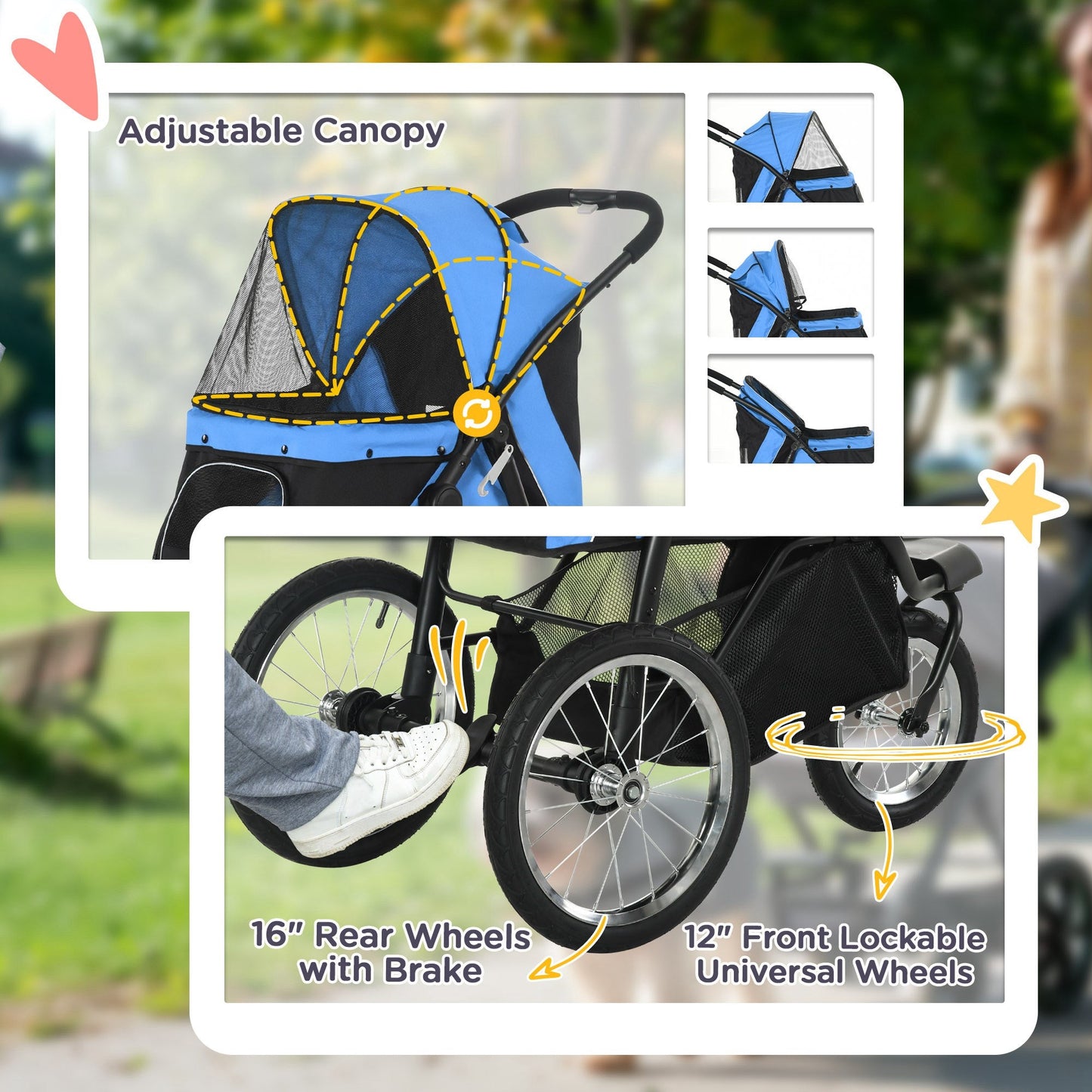 Pet Stroller for Small and Medium Dogs, 3 Big Wheels Cat Stroller Travel Folding Carrier with Adjustable Canopy, Safety Tether, Storage Basket, Blue