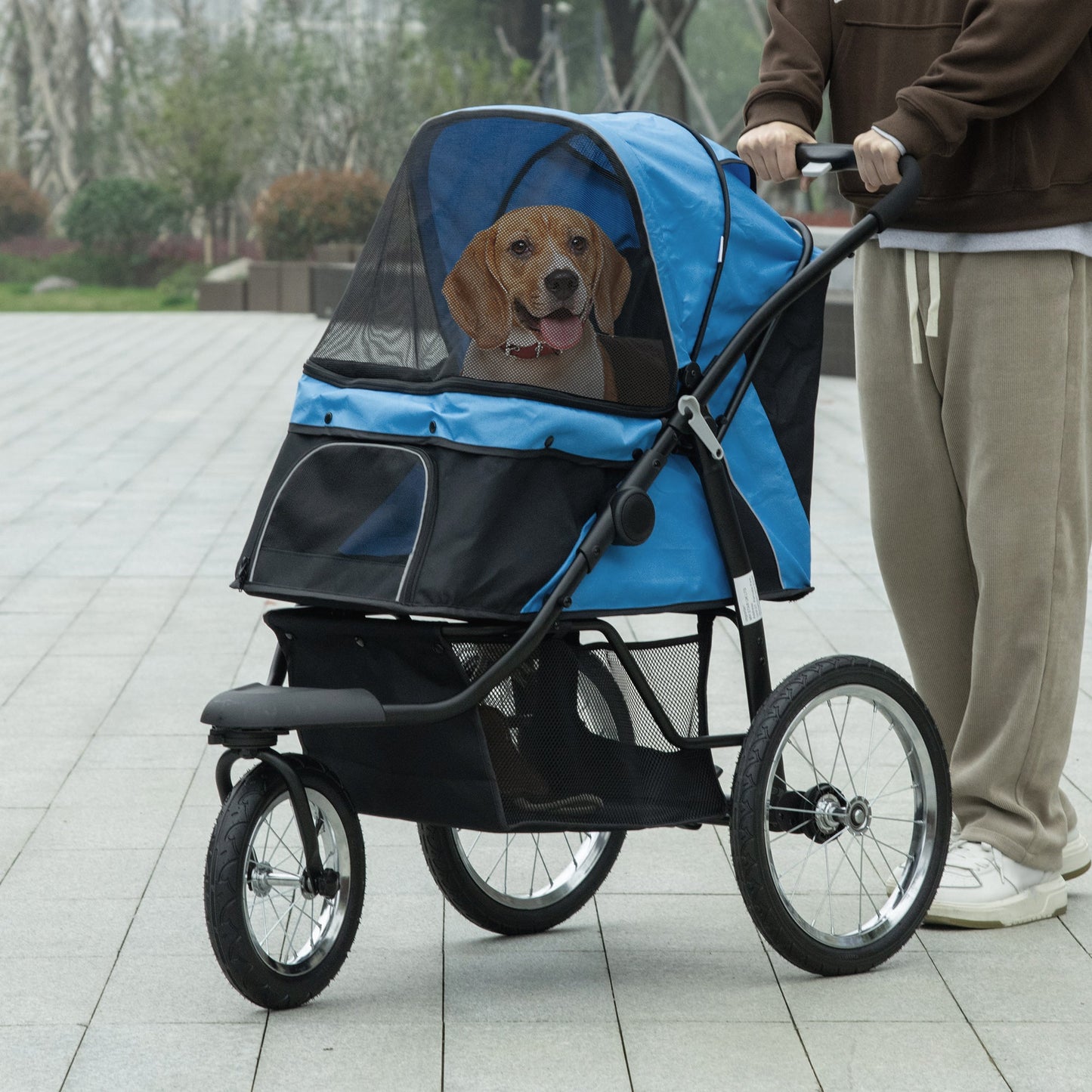 Pet Stroller for Small and Medium Dogs, 3 Big Wheels Cat Stroller Travel Folding Carrier with Adjustable Canopy, Safety Tether, Storage Basket, Blue