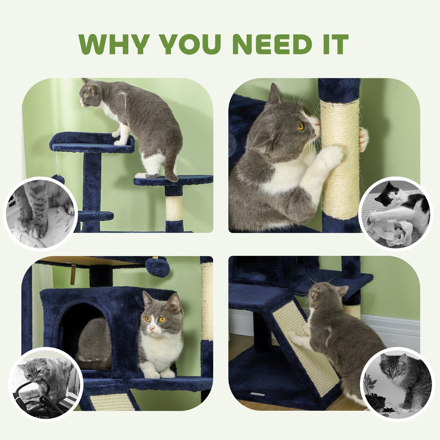 54" Cat Tree, Cat Tower for Indoor Cats with Scratching Posts, Cat Condos, Bed, Platforms, Ramp, Toy Ball, Cat Activity Center, Dark Blue