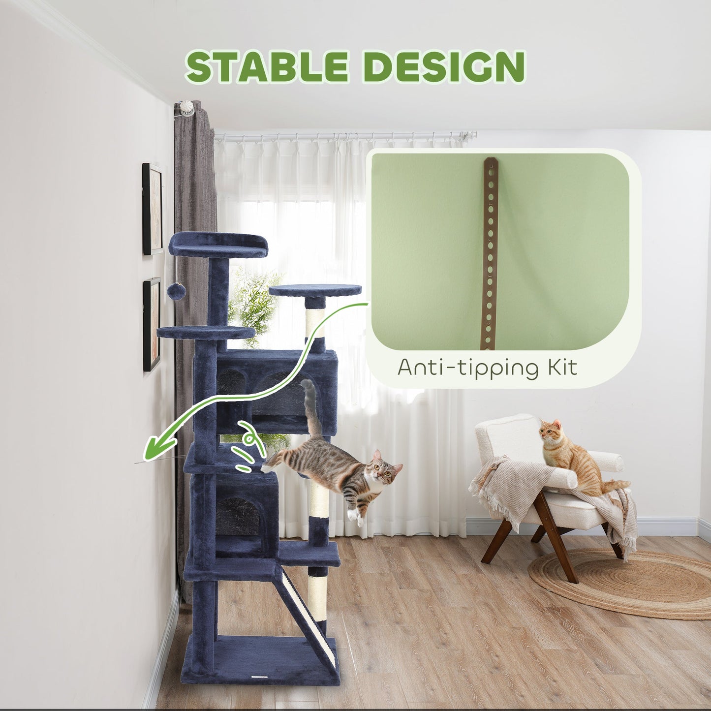 54" Cat Tree, Cat Tower for Indoor Cats with Scratching Posts, Cat Condos, Bed, Platforms, Ramp, Toy Ball, Cat Activity Center, Dark Blue