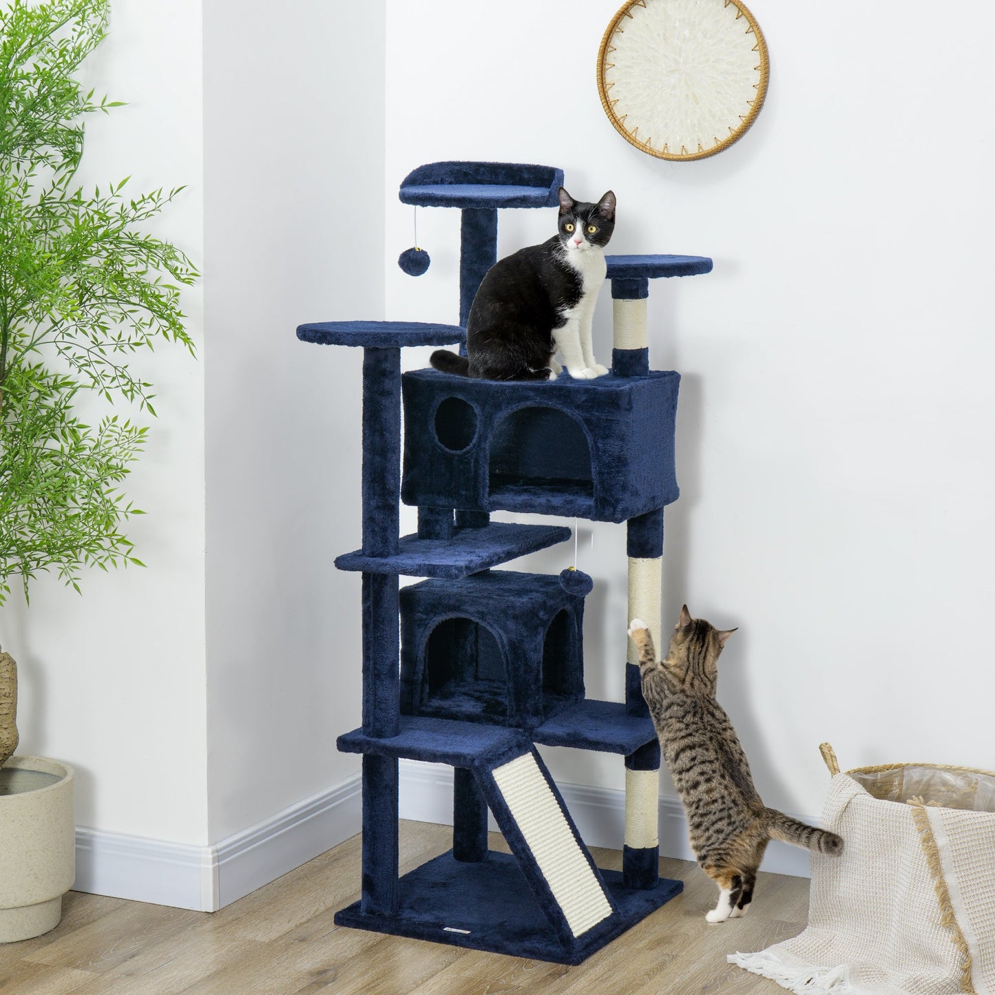 54" Cat Tree, Cat Tower for Indoor Cats with Scratching Posts, Cat Condos, Bed, Platforms, Ramp, Toy Ball, Cat Activity Center, Dark Blue