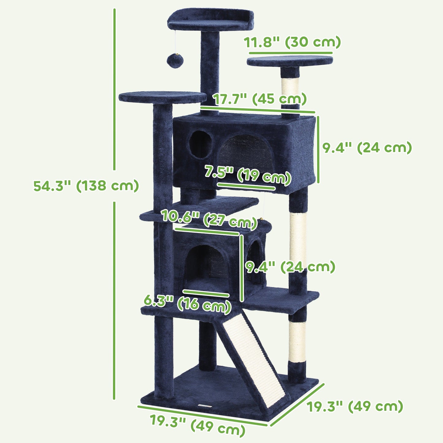 54" Cat Tree, Cat Tower for Indoor Cats with Scratching Posts, Cat Condos, Bed, Platforms, Ramp, Toy Ball, Cat Activity Center, Dark Blue