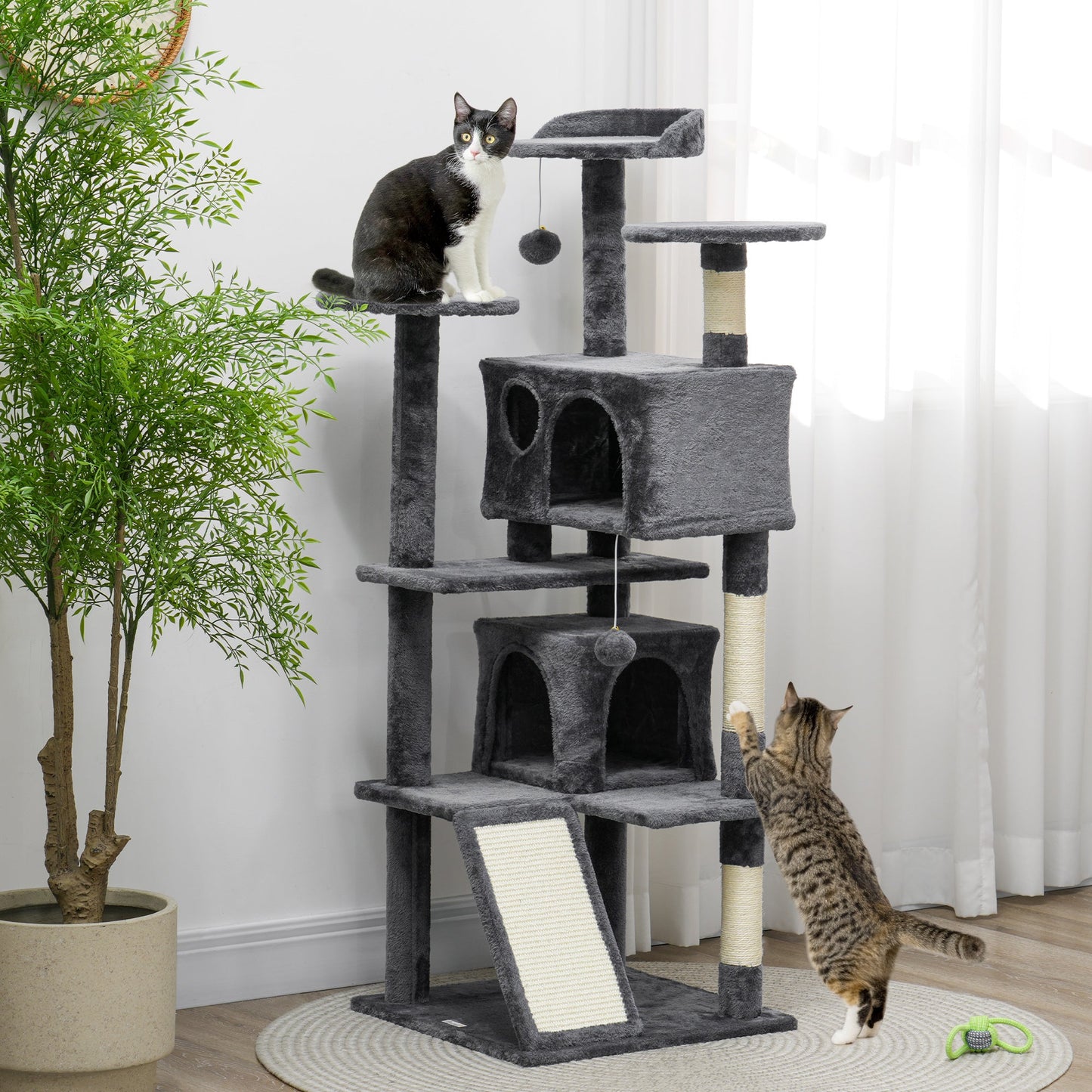 54" Cat Tree, Cat Tower for Indoor Cats with Scratching Posts, Cat Condos, Bed, Platforms, Ramp, Toy Ball, Cat Activity Center, Dark Grey