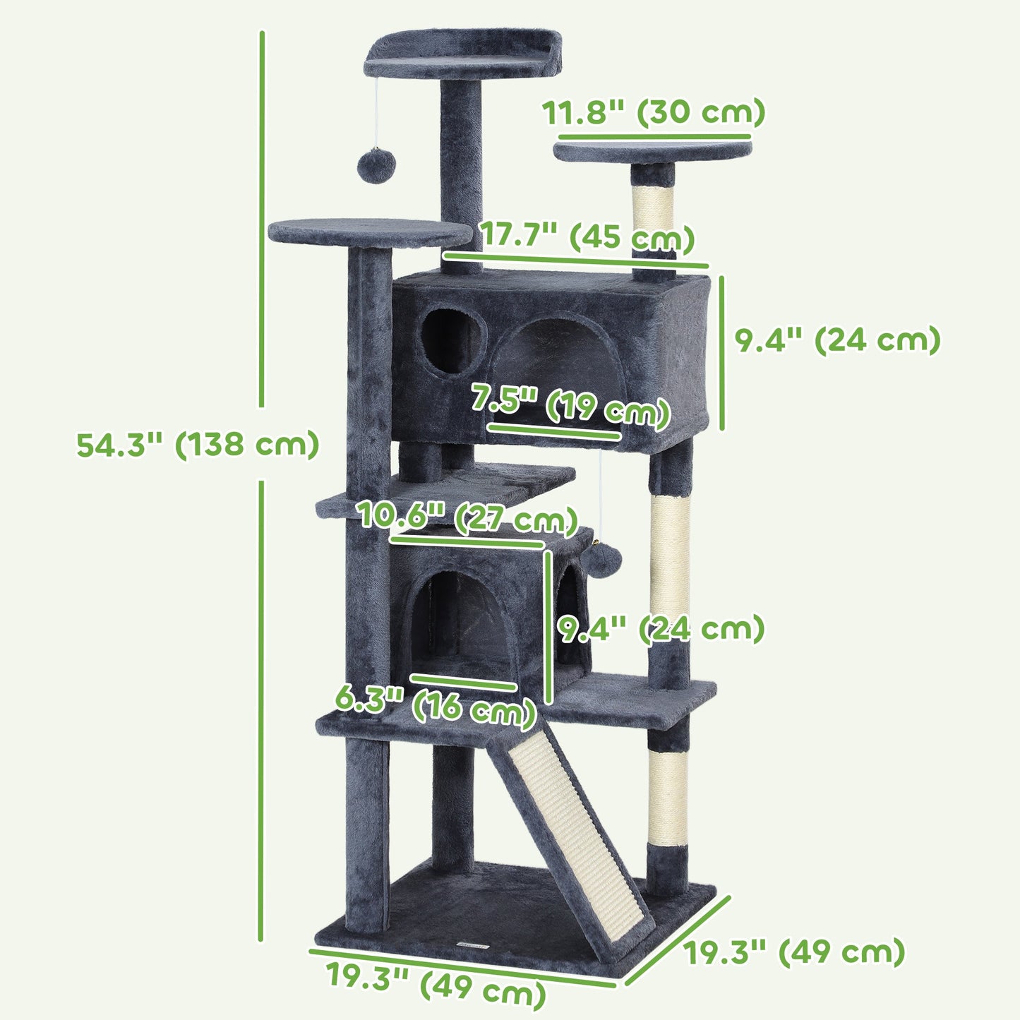 54" Cat Tree, Cat Tower for Indoor Cats with Scratching Posts, Cat Condos, Bed, Platforms, Ramp, Toy Ball, Cat Activity Center, Dark Grey