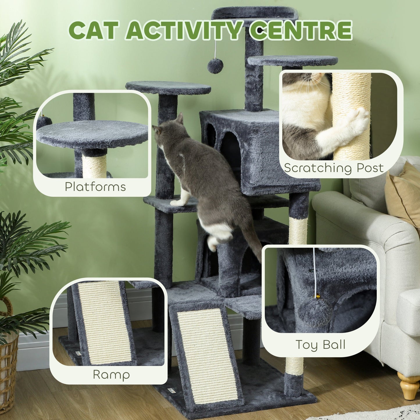 54" Cat Tree, Cat Tower for Indoor Cats with Scratching Posts, Cat Condos, Bed, Platforms, Ramp, Toy Ball, Cat Activity Center, Dark Grey