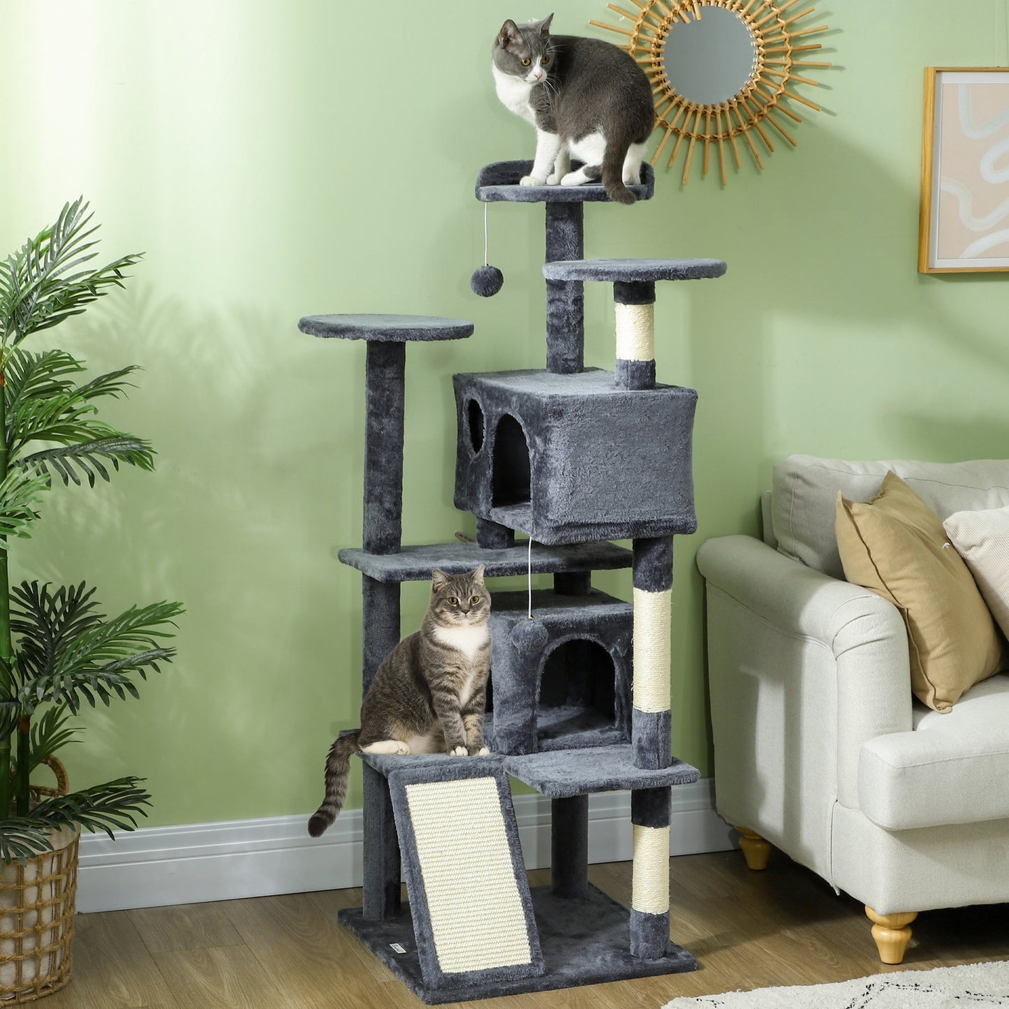 54" Cat Tree, Cat Tower for Indoor Cats with Scratching Posts, Cat Condos, Bed, Platforms, Ramp, Toy Ball, Cat Activity Center, Dark Grey