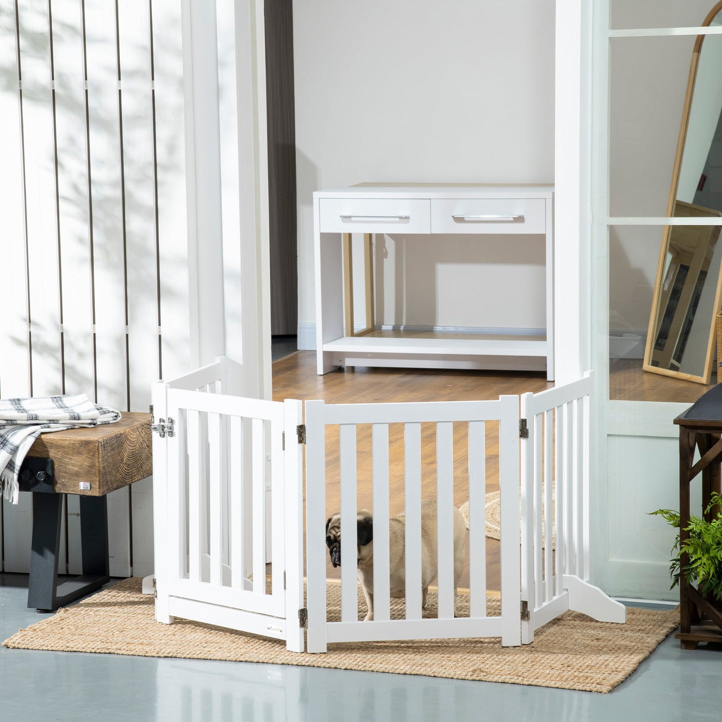 23.5"H Foldable Dog Gate with Door, 4 Panels Freestanding Pet Gate Barriers Indoor with Support Feet, Puppy Fence for Small Dogs, White