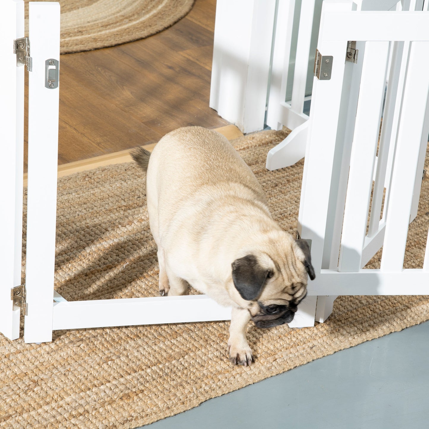 23.5"H Foldable Dog Gate with Door, 4 Panels Freestanding Pet Gate Barriers Indoor with Support Feet, Puppy Fence for Small Dogs, White