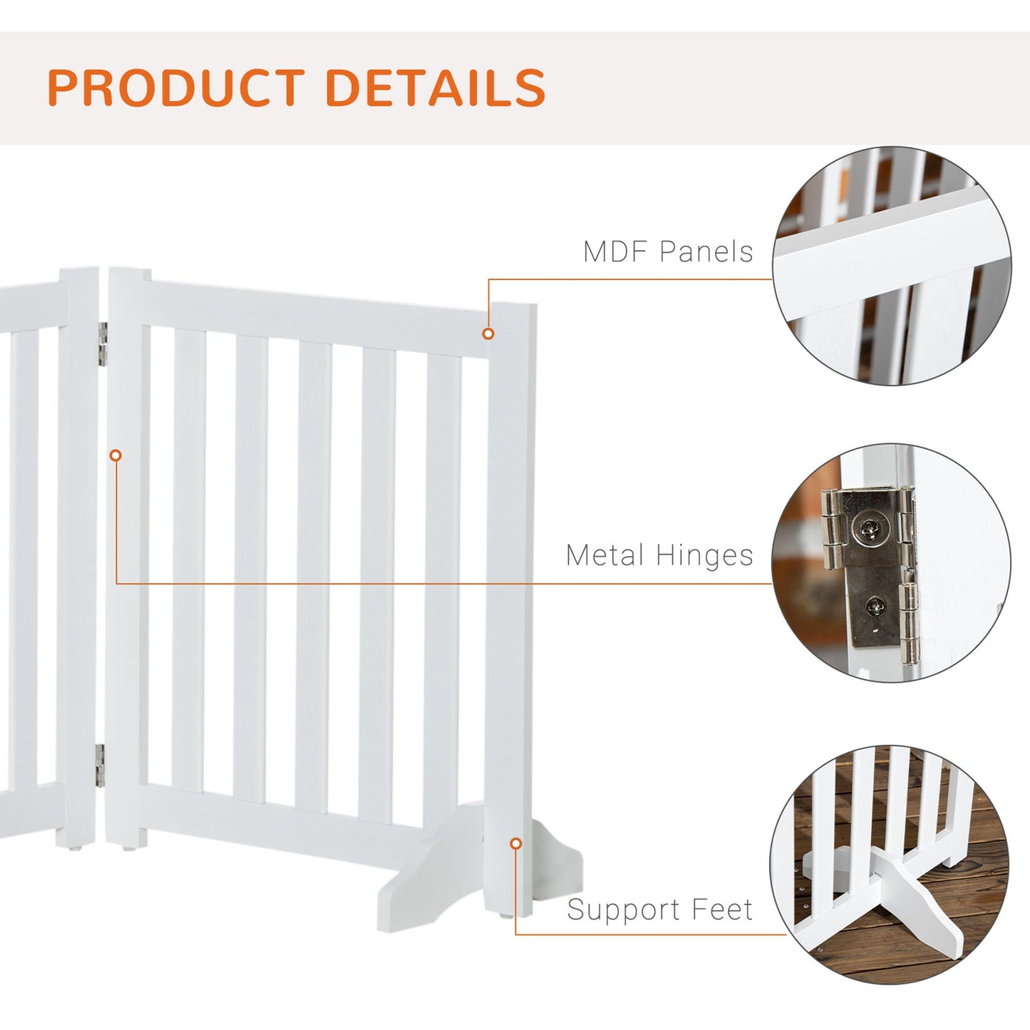 23.5"H Foldable Dog Gate with Door, 4 Panels Freestanding Pet Gate Barriers Indoor with Support Feet, Puppy Fence for Small Dogs, White