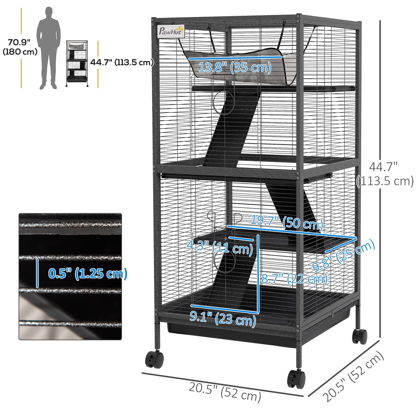 4-Tier Rolling Small Animal Cage, Deluxe Guinea Pig Cage, Ferret Cage for Mink Chinchilla Kitten Rabbit, Small Pet Play House with Hammock Platform, Ramp, Removable Tray, Charcoal Grey