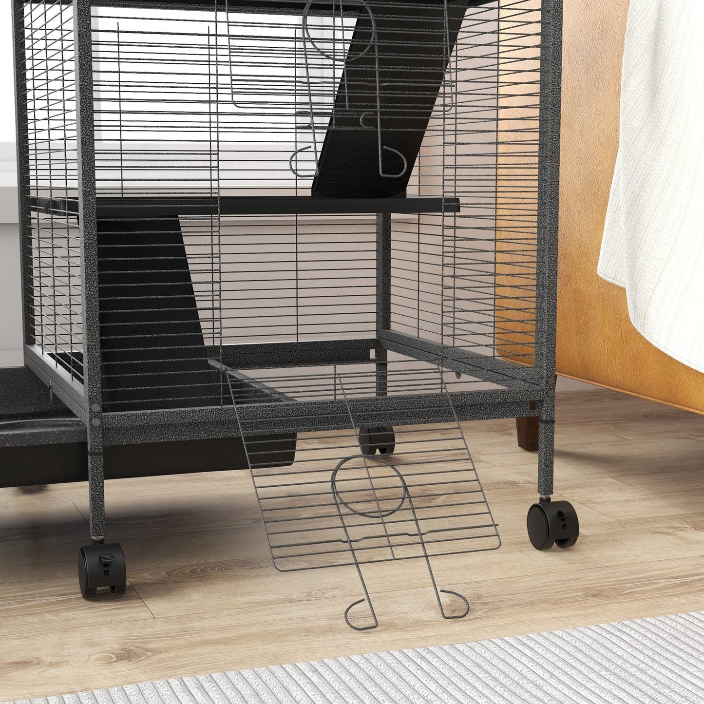 4-Tier Rolling Small Animal Cage, Deluxe Guinea Pig Cage, Ferret Cage for Mink Chinchilla Kitten Rabbit, Small Pet Play House with Hammock Platform, Ramp, Removable Tray, Charcoal Grey