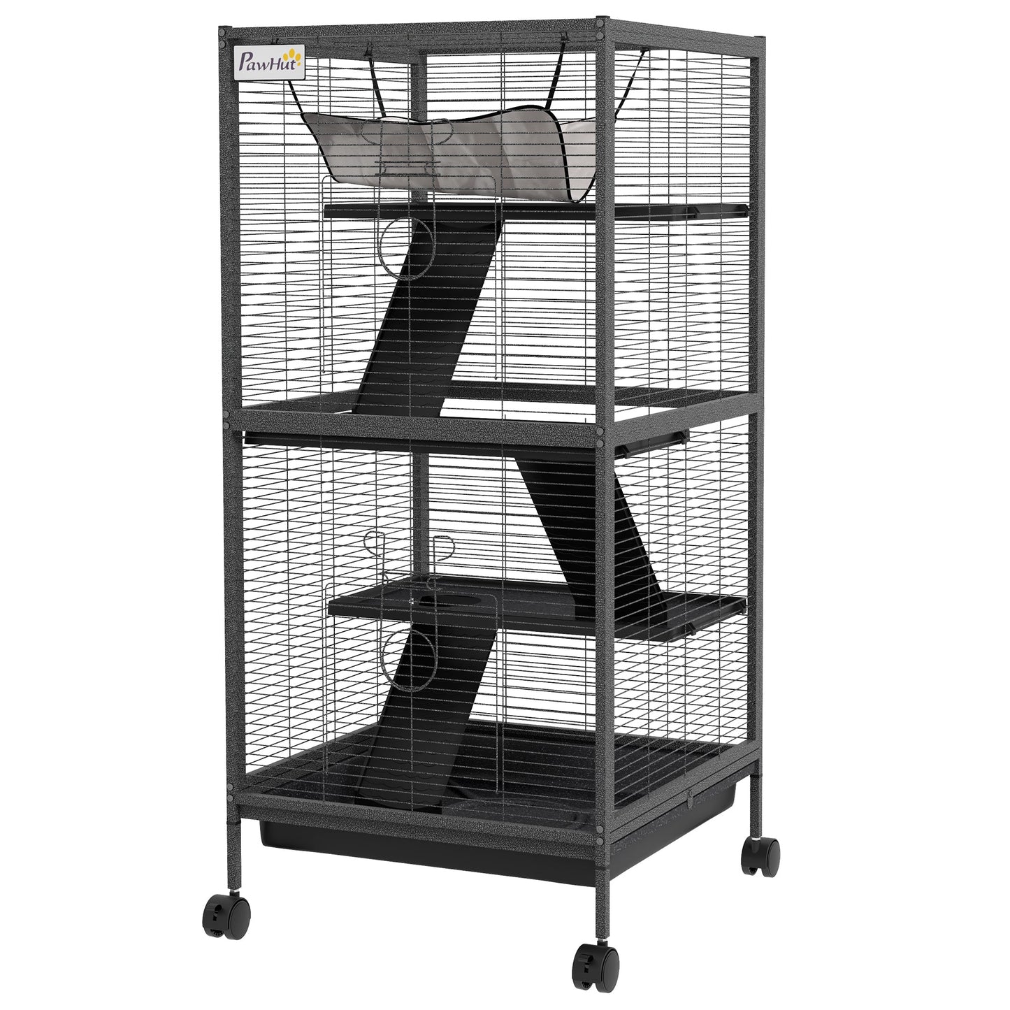 4-Tier Rolling Small Animal Cage, Deluxe Guinea Pig Cage, Ferret Cage for Mink Chinchilla Kitten Rabbit, Small Pet Play House with Hammock Platform, Ramp, Removable Tray, Charcoal Grey