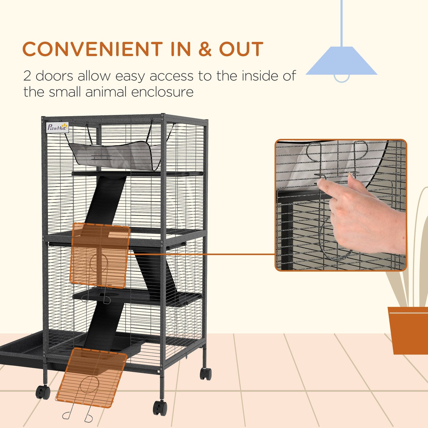 4-Tier Rolling Small Animal Cage, Deluxe Guinea Pig Cage, Ferret Cage for Mink Chinchilla Kitten Rabbit, Small Pet Play House with Hammock Platform, Ramp, Removable Tray, Charcoal Grey