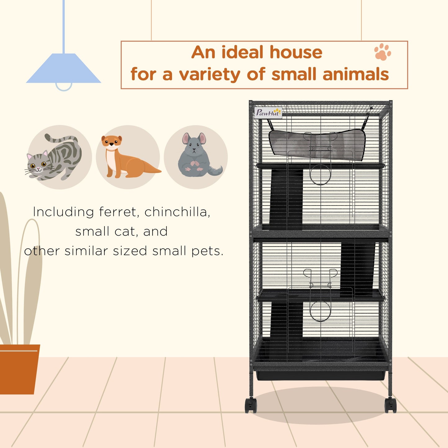 4-Tier Rolling Small Animal Cage, Deluxe Guinea Pig Cage, Ferret Cage for Mink Chinchilla Kitten Rabbit, Small Pet Play House with Hammock Platform, Ramp, Removable Tray, Charcoal Grey